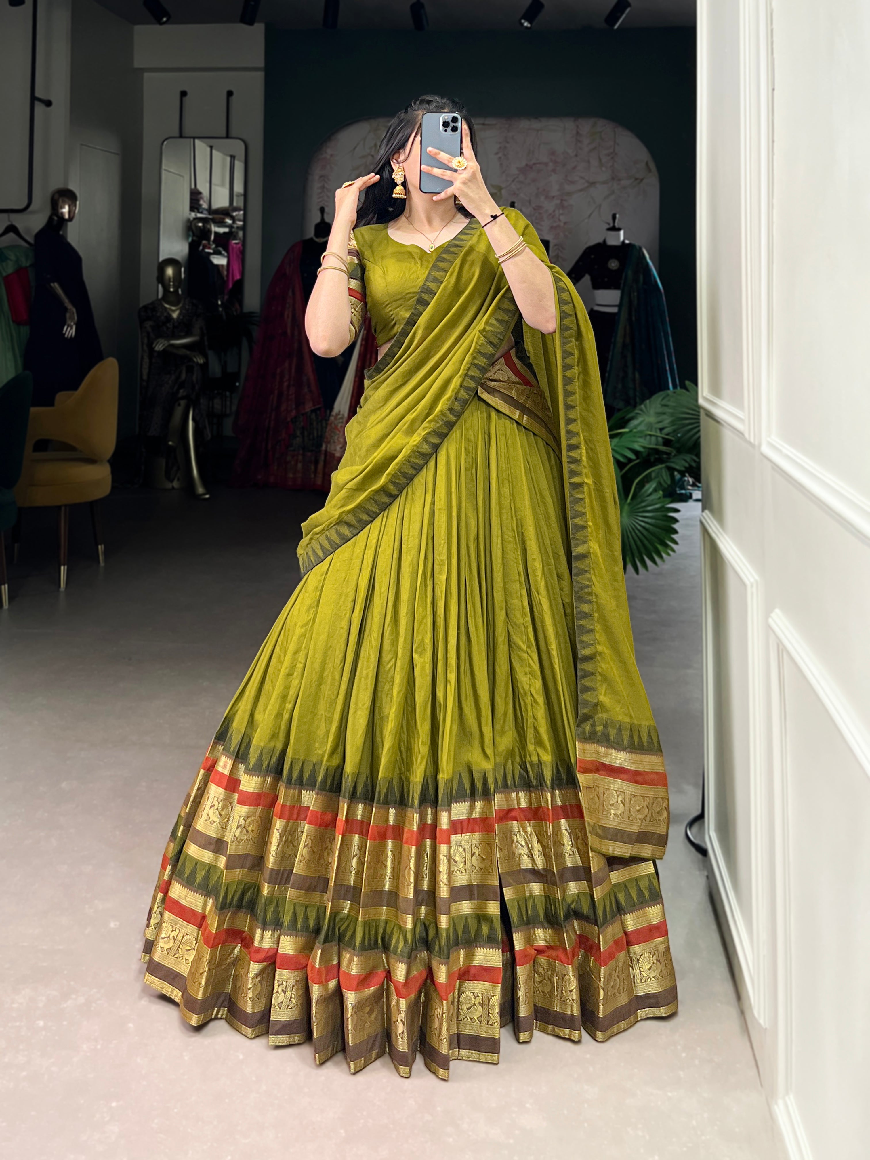 Rava Olive Green Pure Chanderi Zari Weaving Half Saree Lehenga