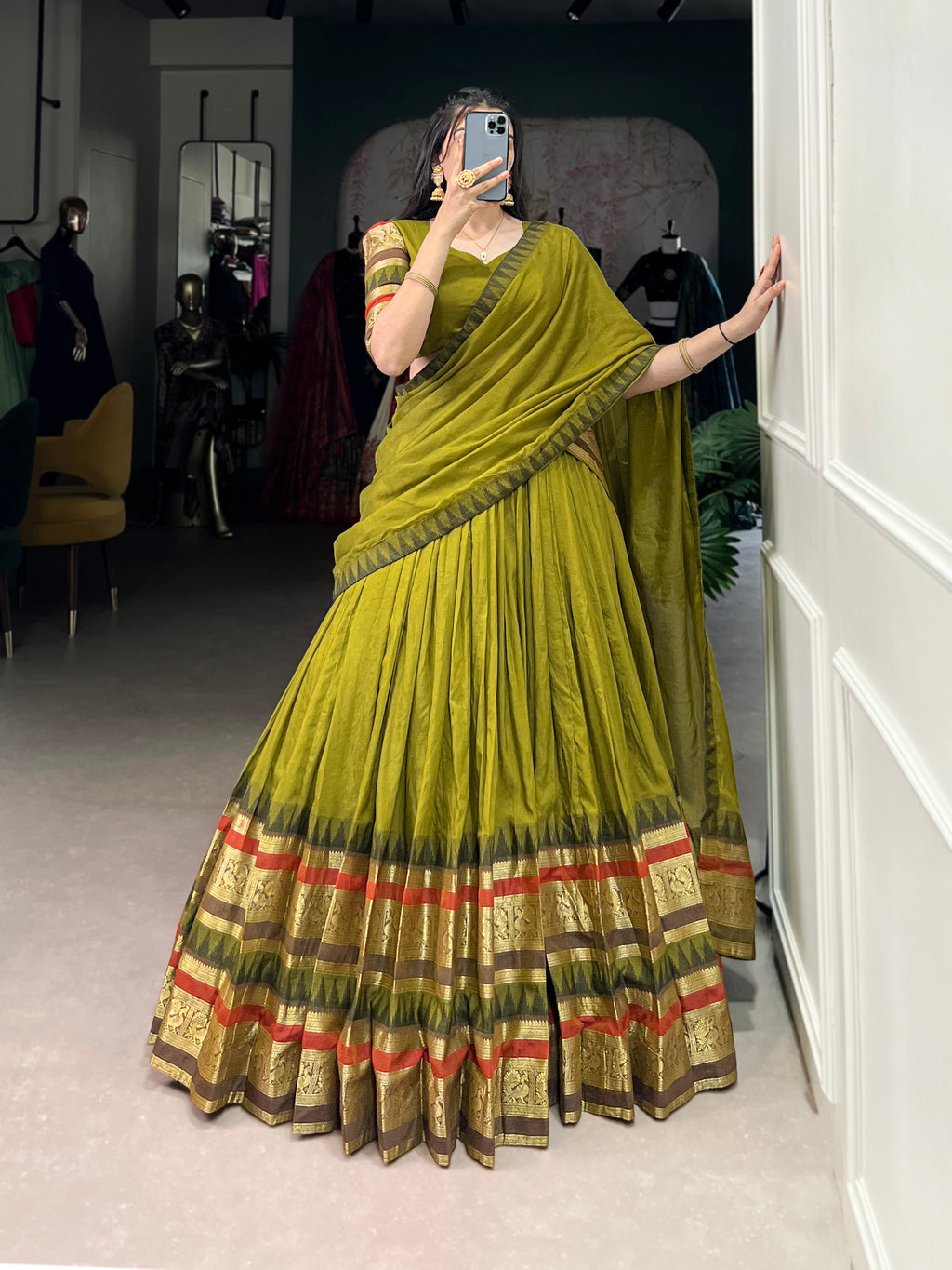 Rava olive green pure Chanderi half saree lehenga with zari weaving work