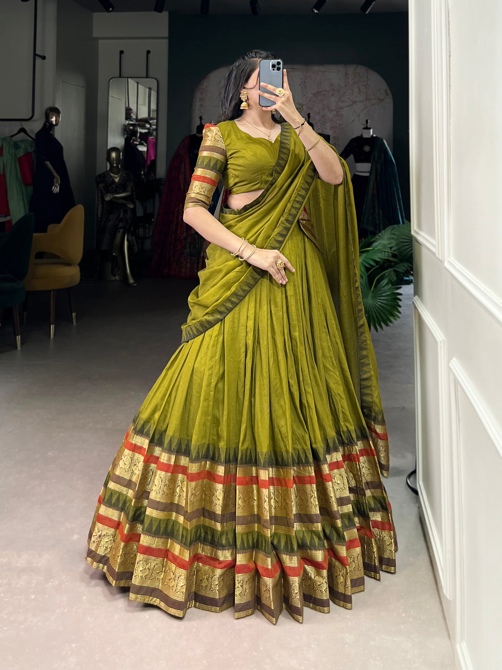 Rava olive green pure Chanderi half saree lehenga with zari weaving work