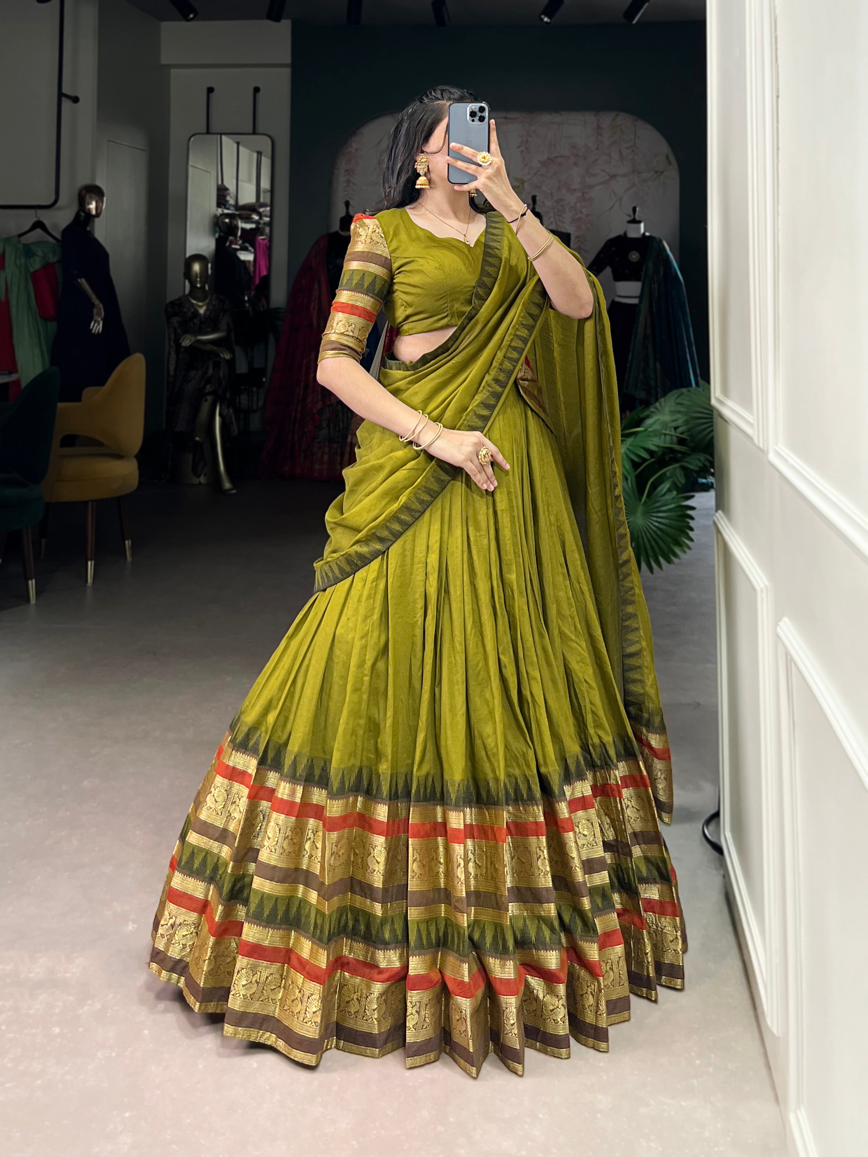 Rava Olive Green Pure Chanderi Zari Weaving Half Saree Lehenga
