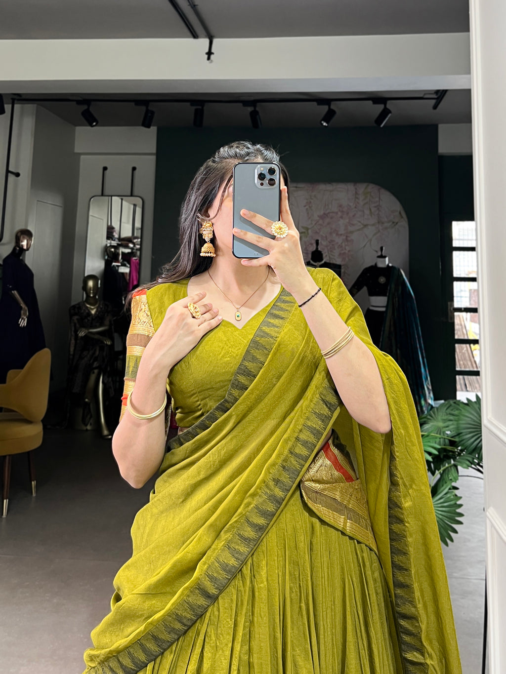 Rava olive green pure Chanderi half saree lehenga with zari weaving work