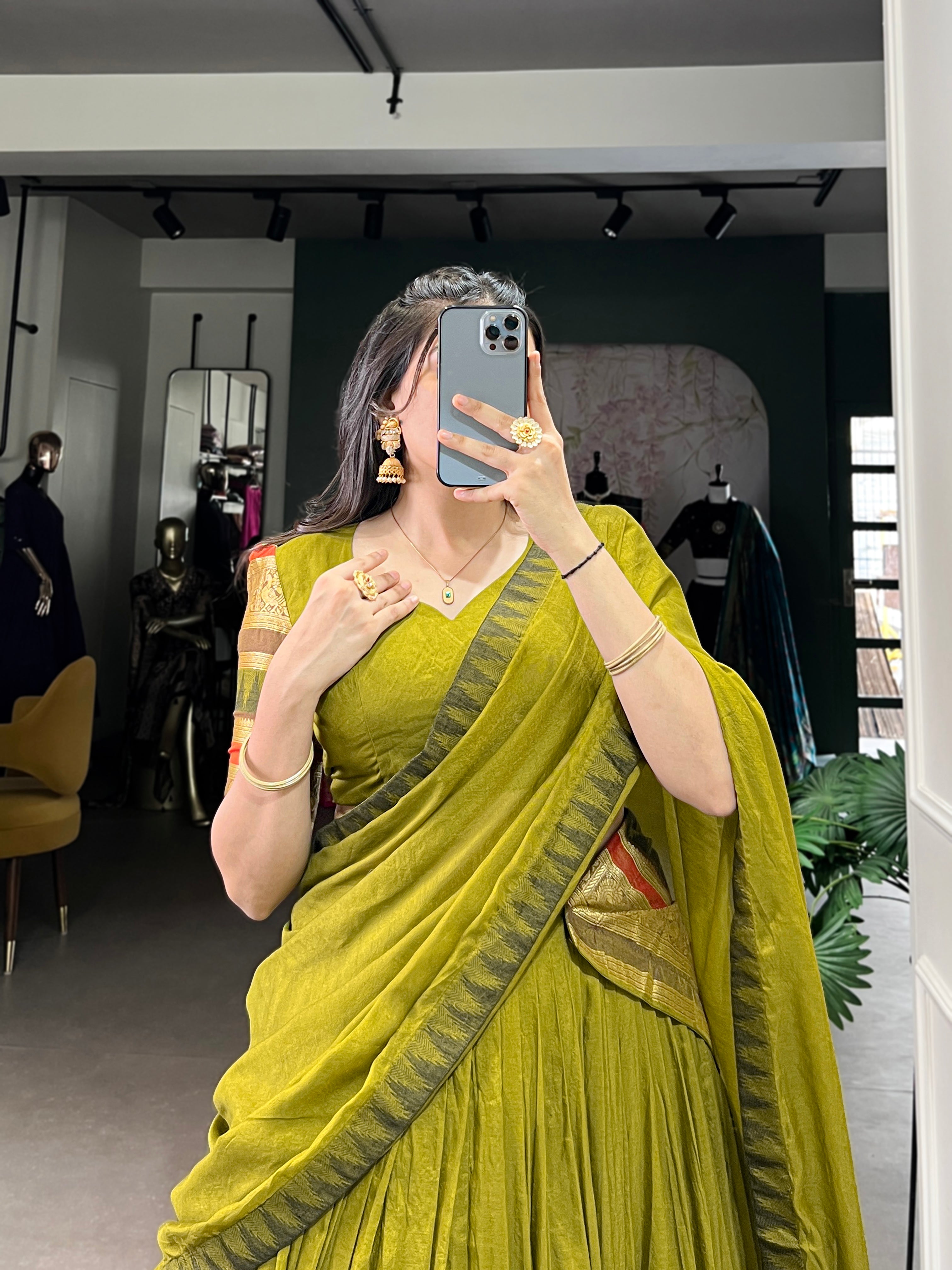 Rava Olive Green Pure Chanderi Zari Weaving Half Saree Lehenga