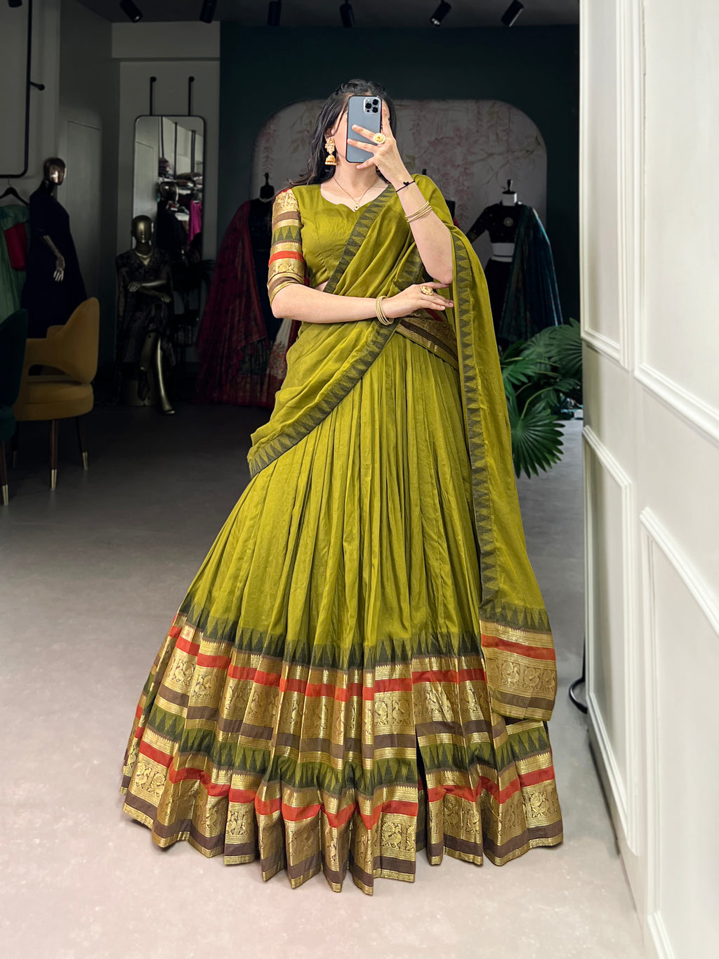 Rava olive green pure Chanderi half saree lehenga with zari weaving work