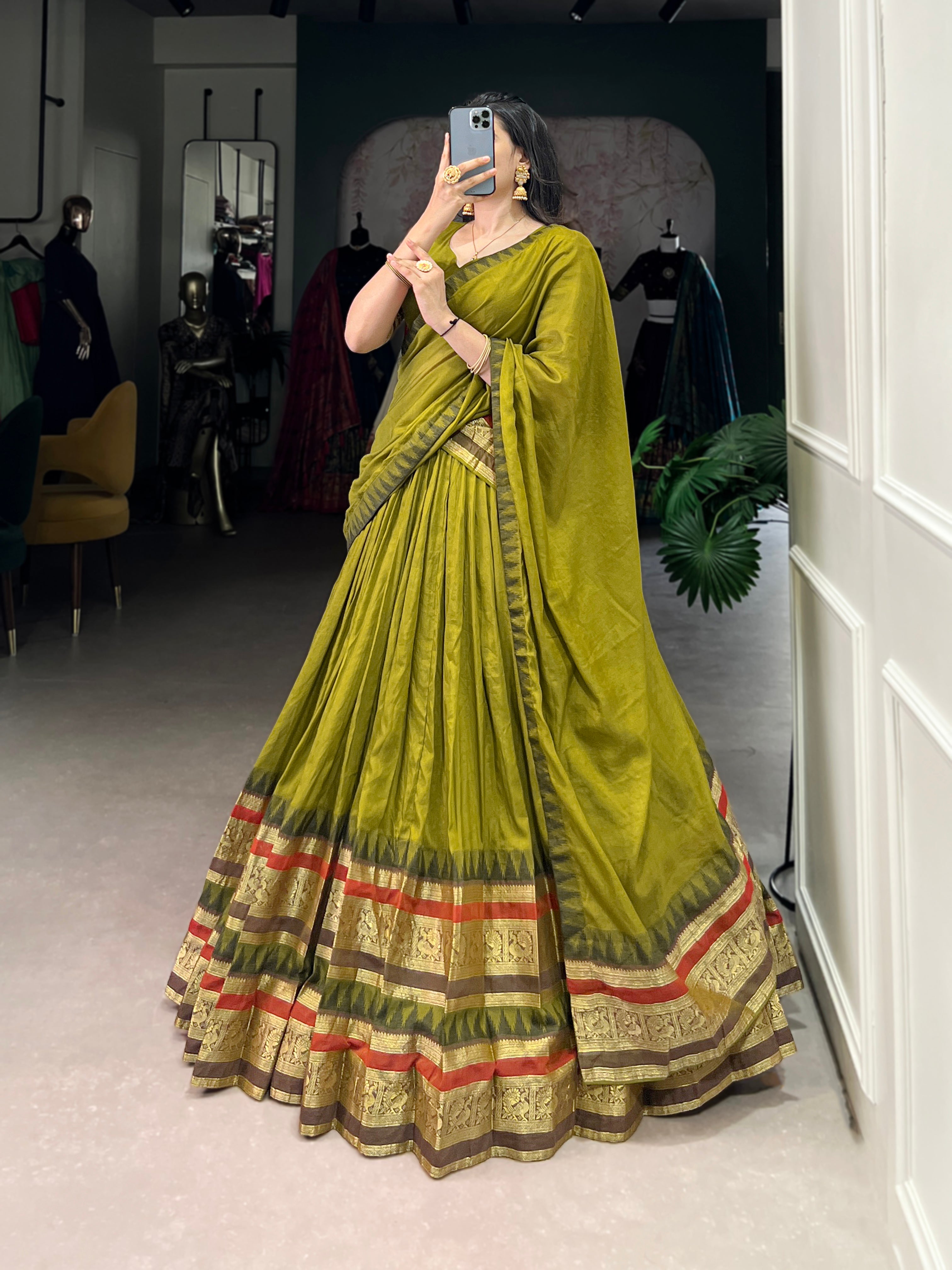 Rava olive green pure Chanderi half saree lehenga with zari weaving work