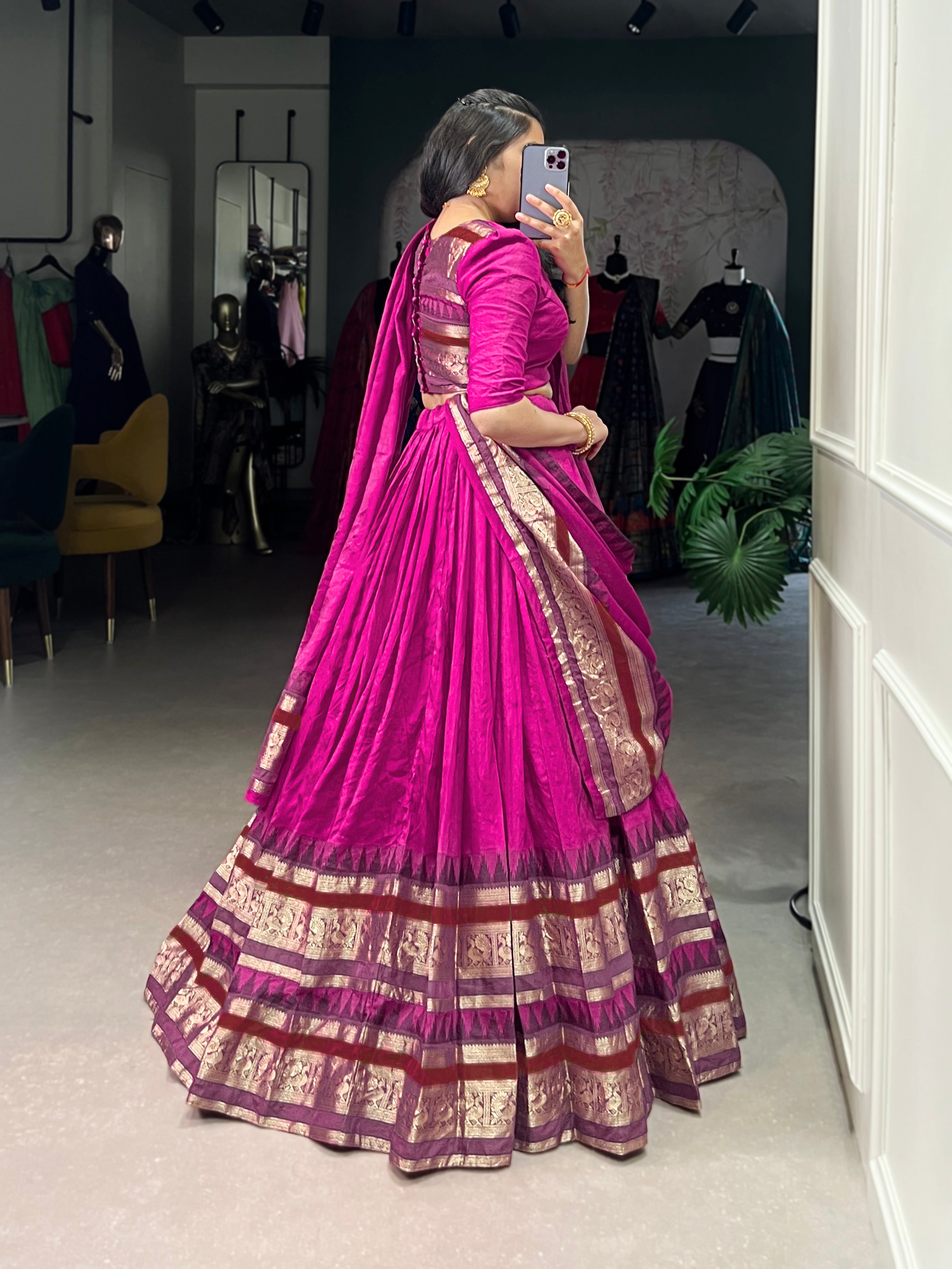 Rava Pink Color Pure Chanderi Zari Weaving Half Saree Lehenga