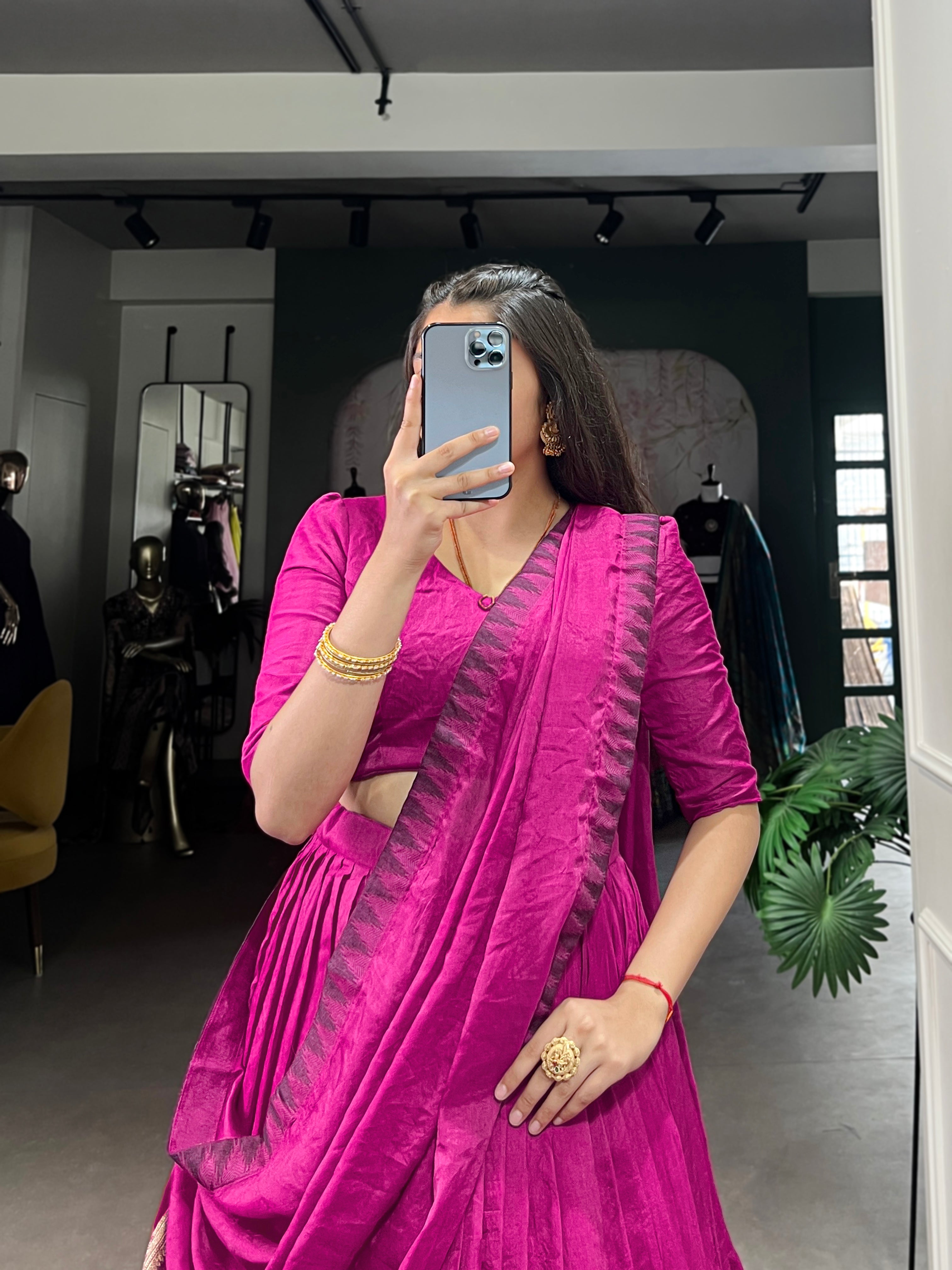 Rava Pink Color Pure Chanderi Zari Weaving Half Saree Lehenga