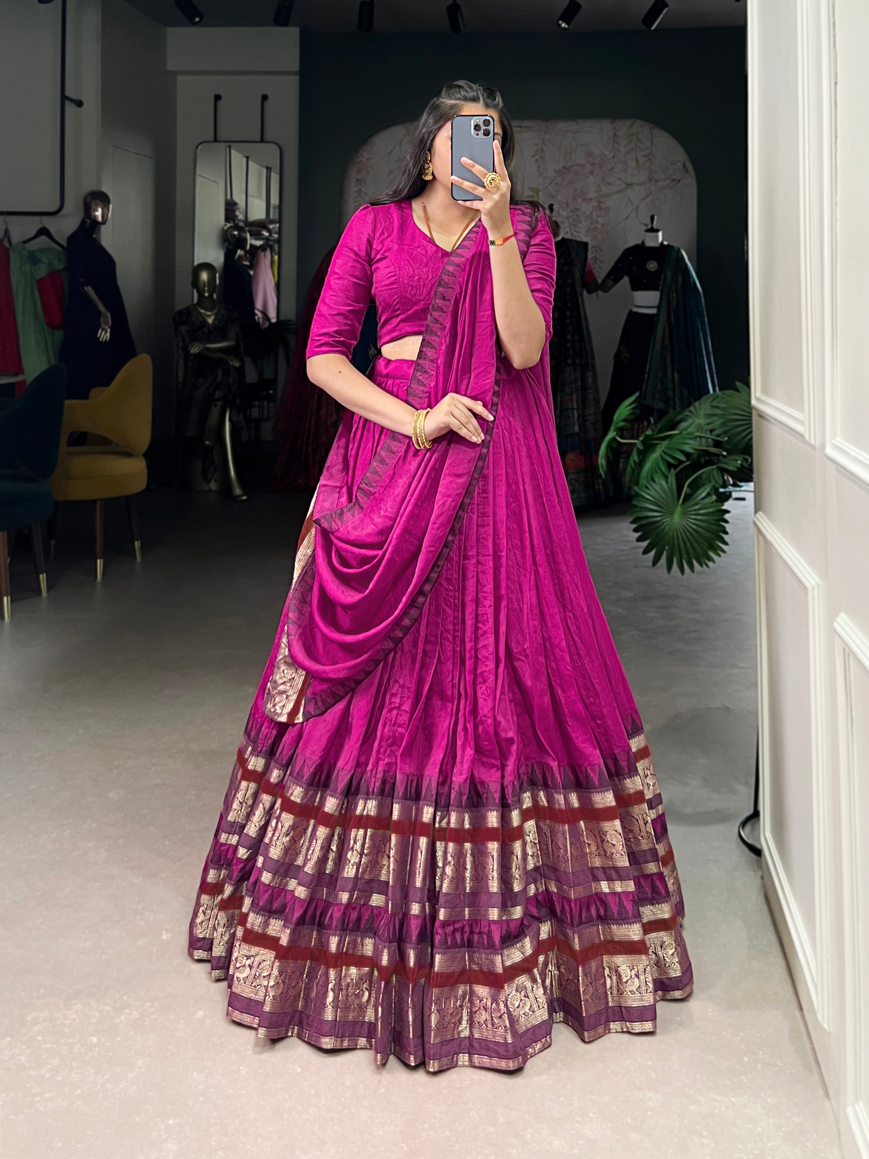 Rava Pink Color Pure Chanderi Zari Weaving Half Saree Lehenga