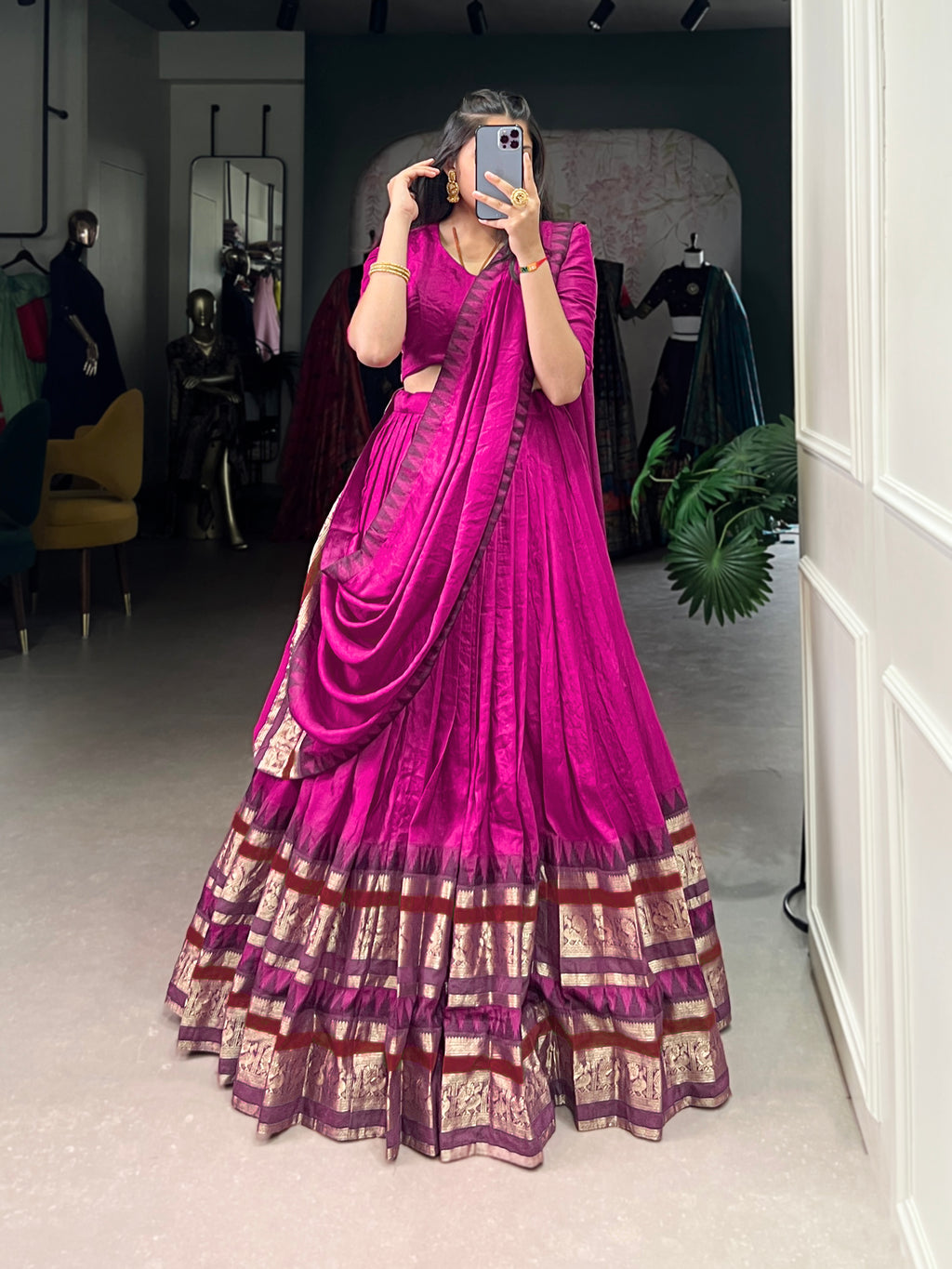 Rava Pink Color Pure Chanderi Zari Weaving Half Saree Lehenga