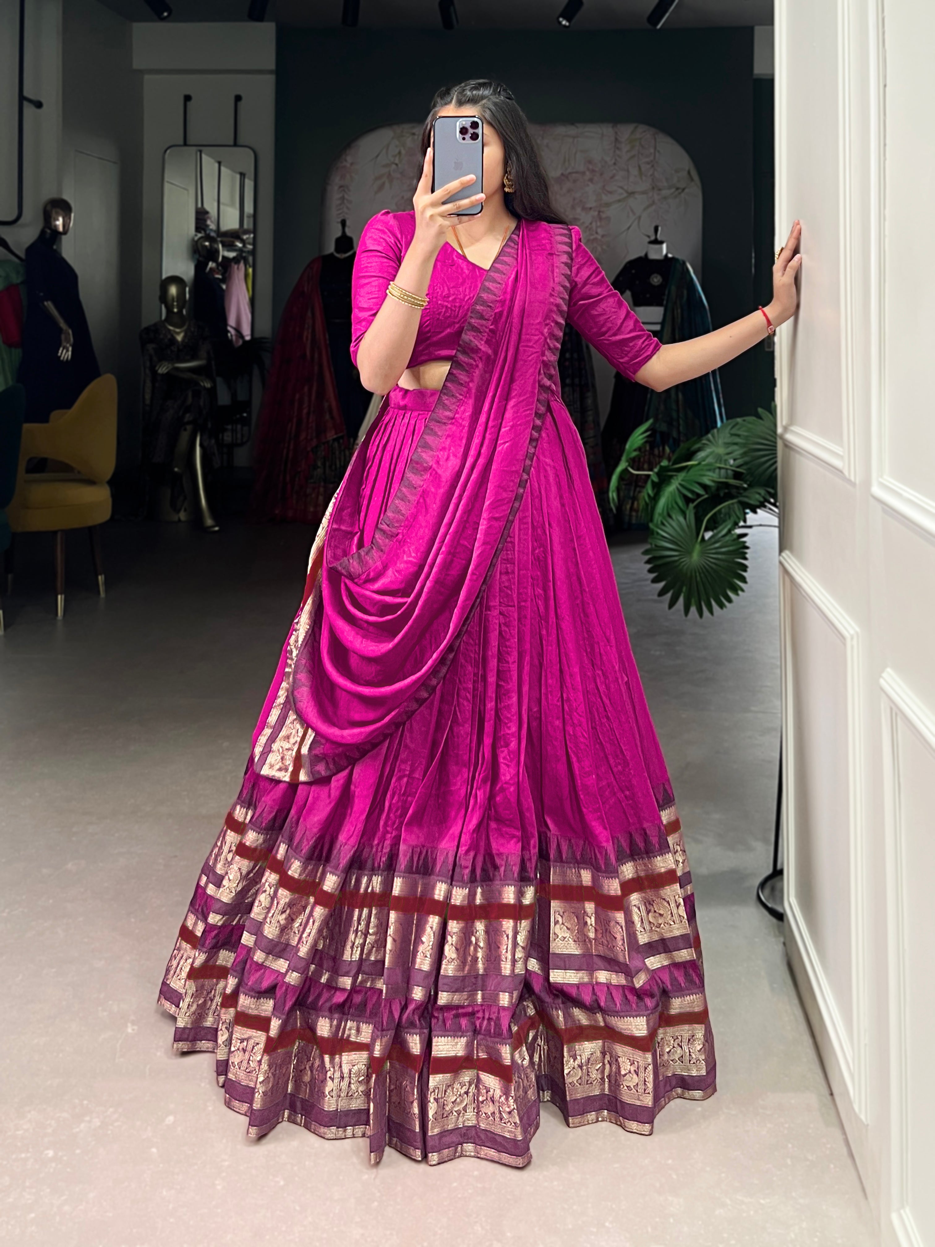 Rava Pink Color Pure Chanderi Zari Weaving Half Saree Lehenga