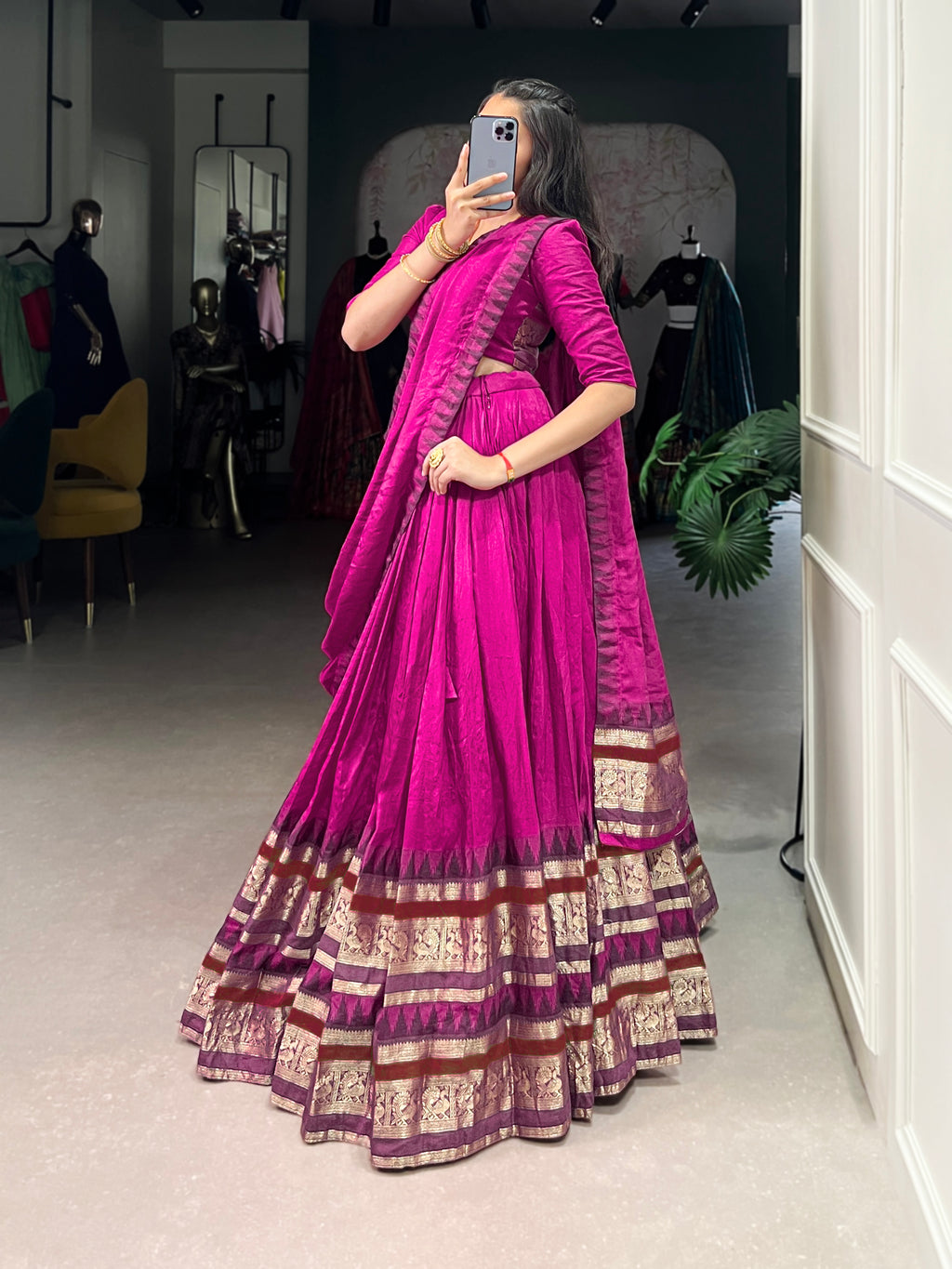 Rava Pink Color Pure Chanderi Zari Weaving Half Saree Lehenga