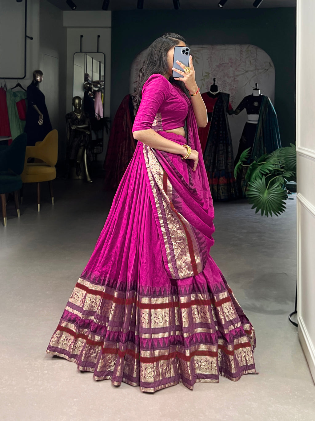 Rava Pink Color Pure Chanderi Zari Weaving Half Saree Lehenga