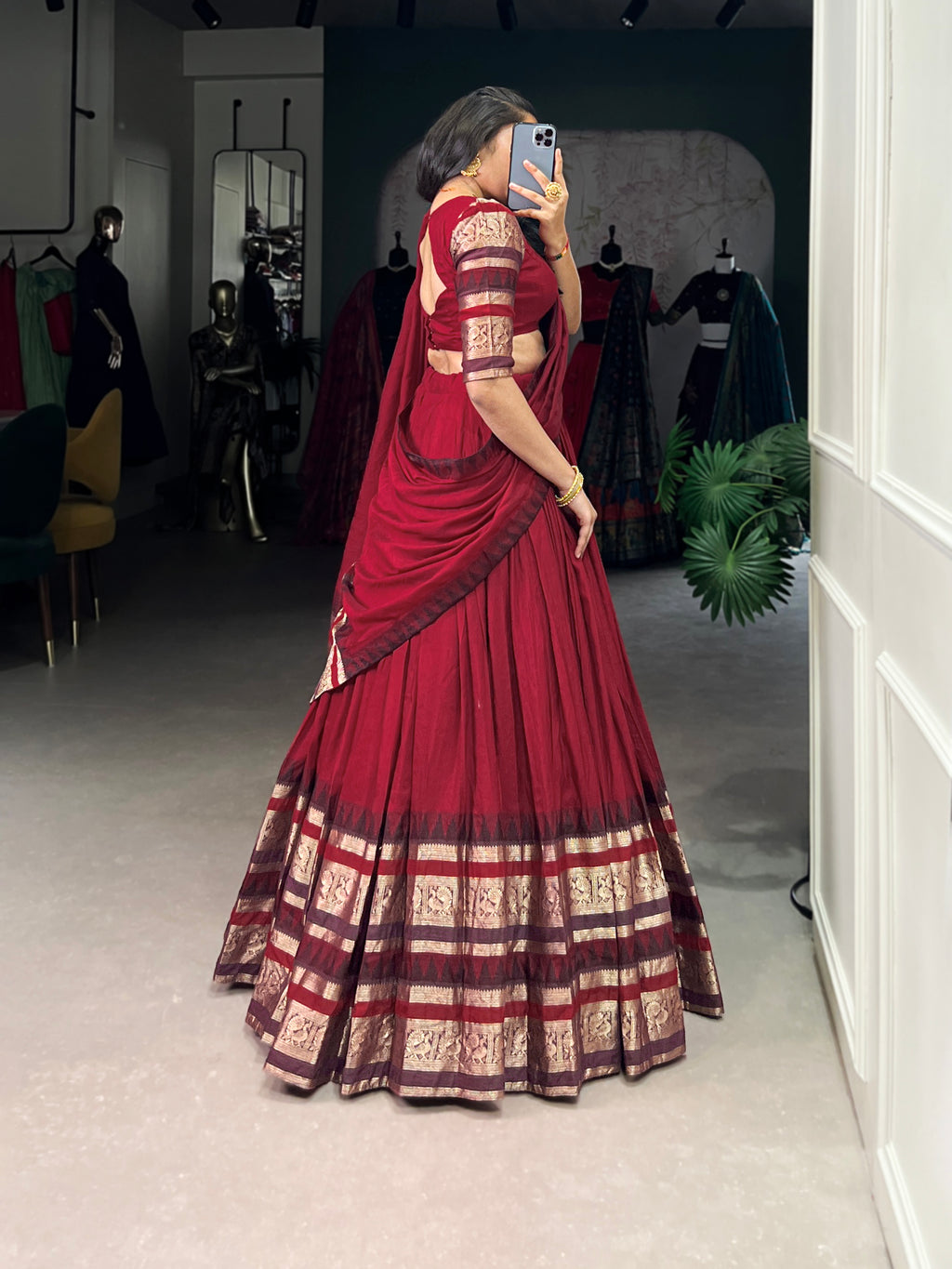 Rava Red Color Pure Chanderi Zari Weaving Half Saree Lehenga