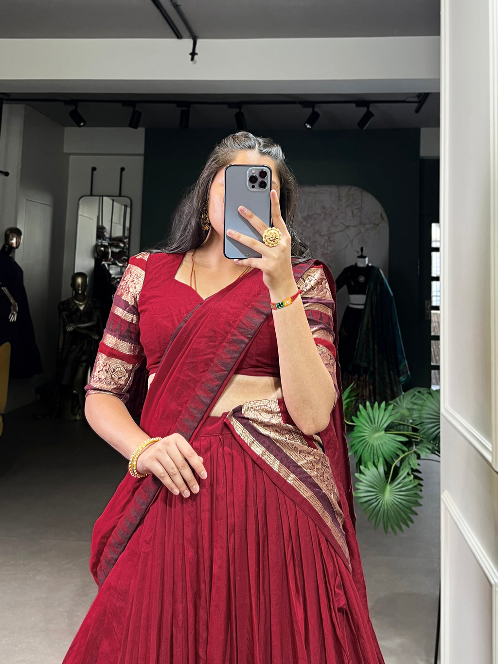 Rava Red Color Pure Chanderi Zari Weaving Half Saree Lehenga