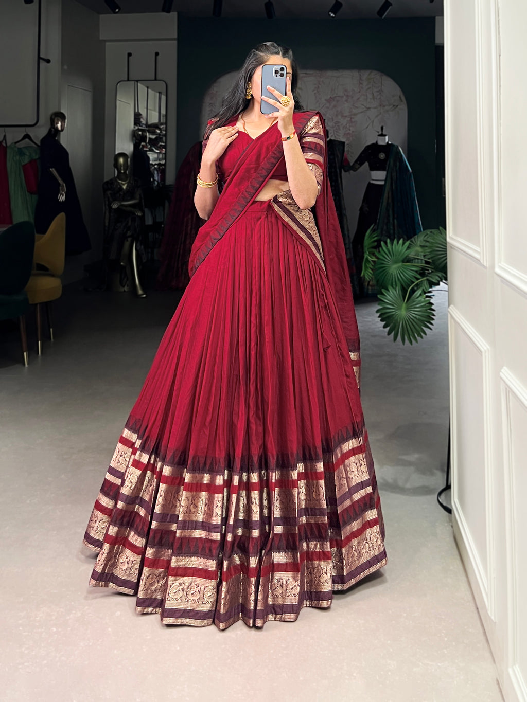 Rava Red Color Pure Chanderi Zari Weaving Half Saree Lehenga