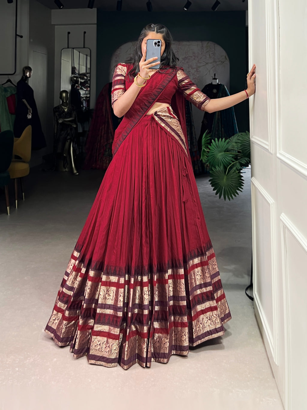 Rava Red Color Pure Chanderi Zari Weaving Half Saree Lehenga