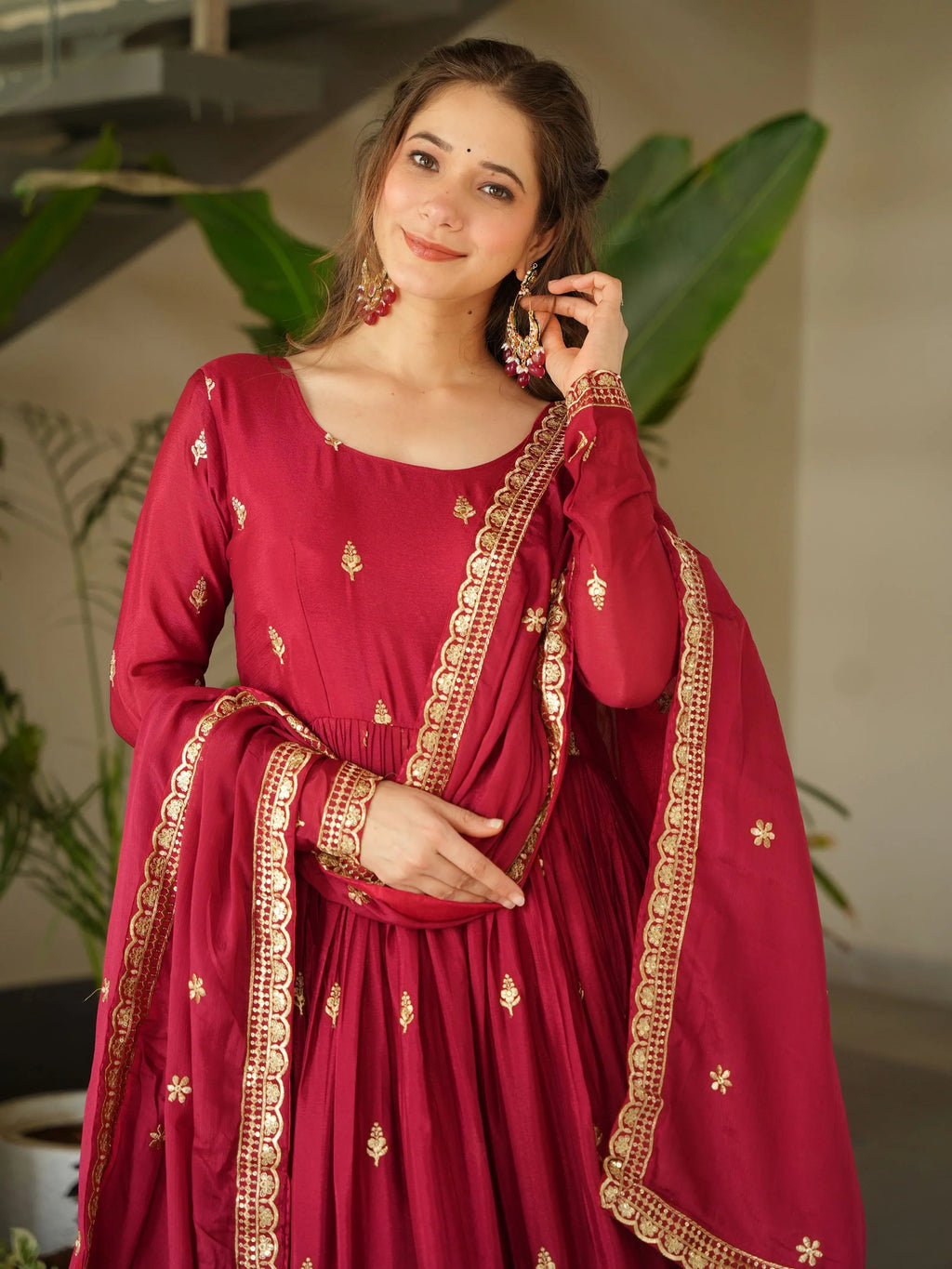 Red Chinon Zari Sequins Embroidered Gown with Dupatta