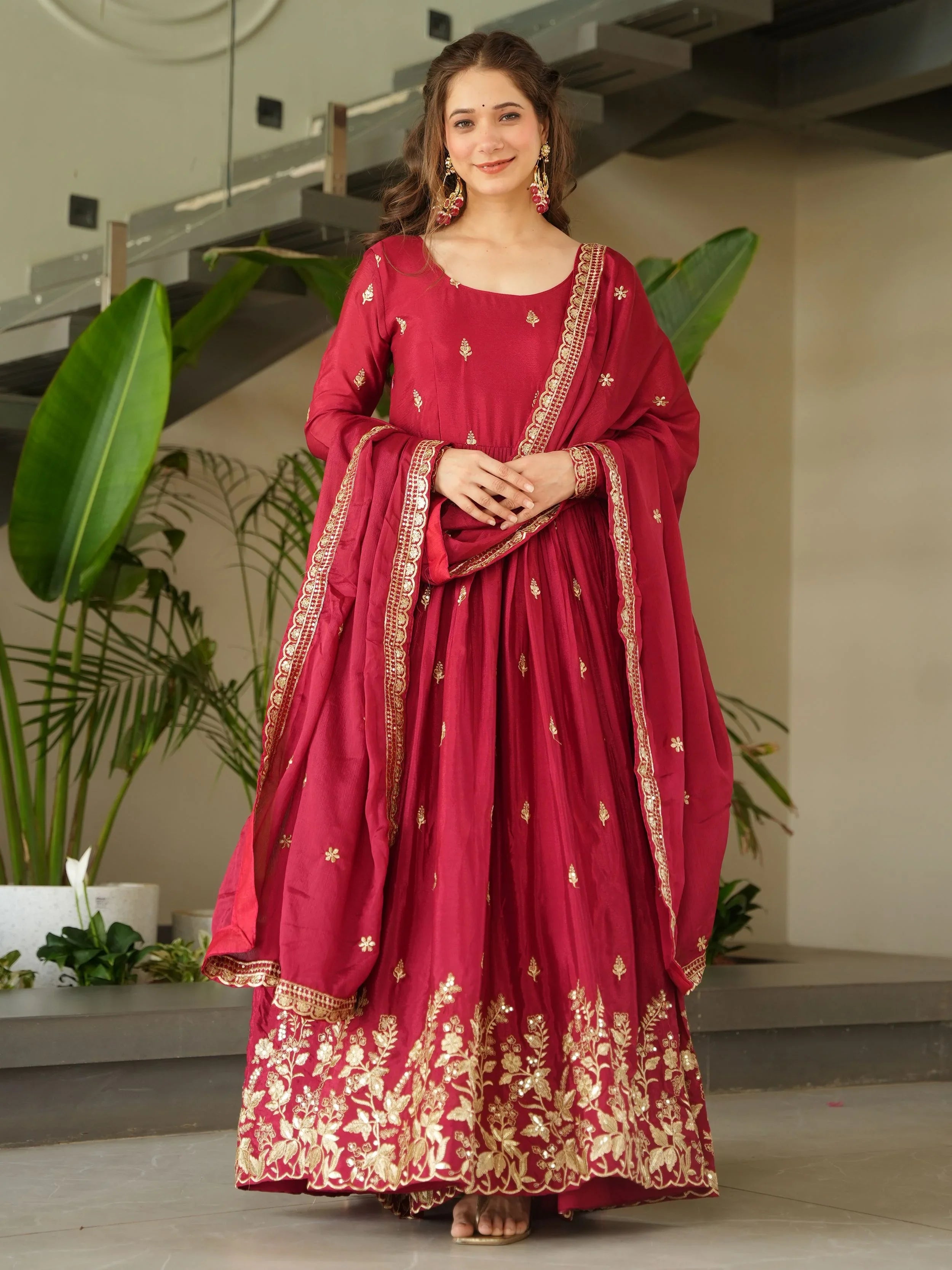 Red Chinon Zari Sequins Embroidered Gown with Dupatta