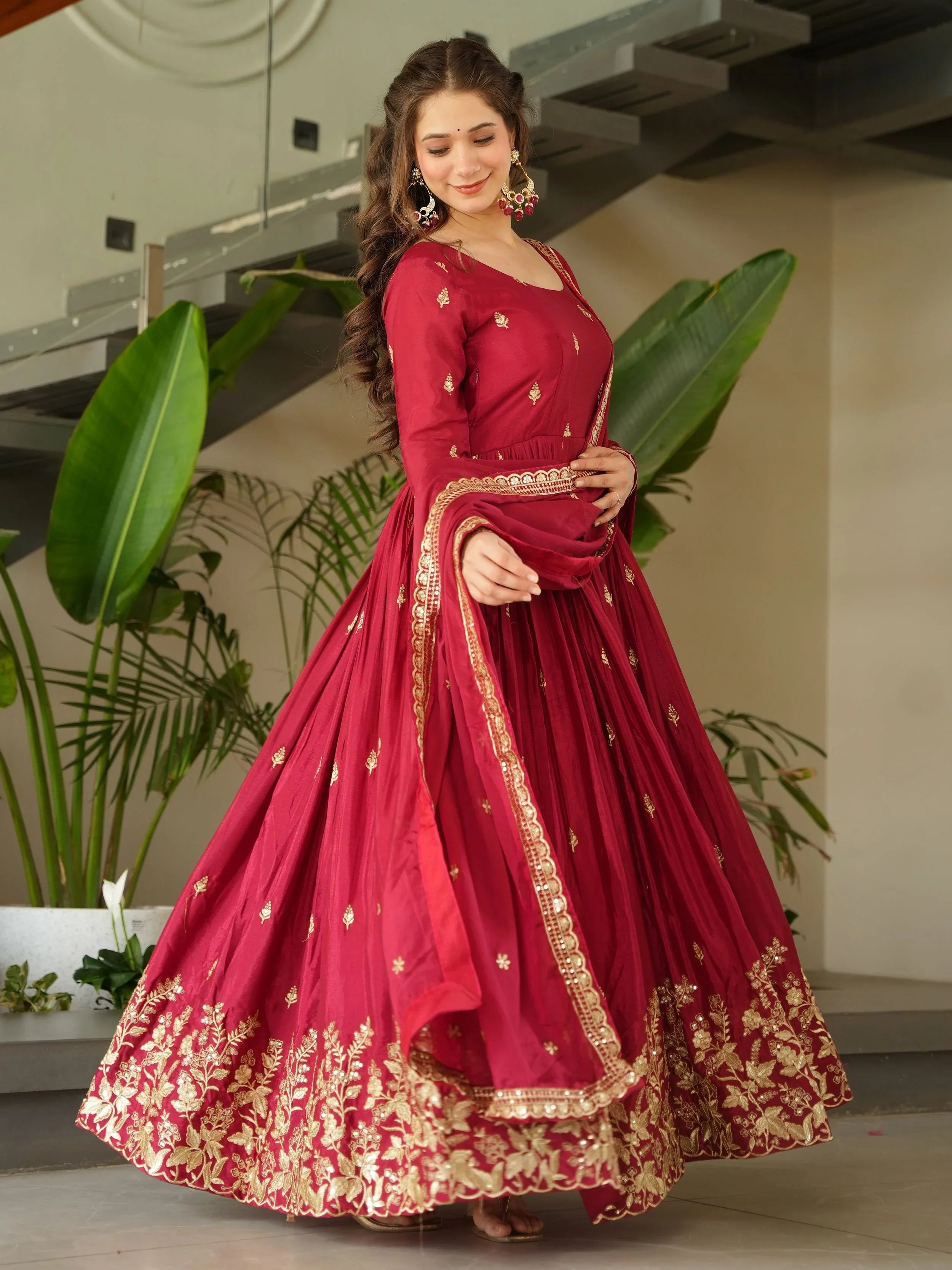 Red Chinon Zari Sequins Embroidered Gown with Dupatta