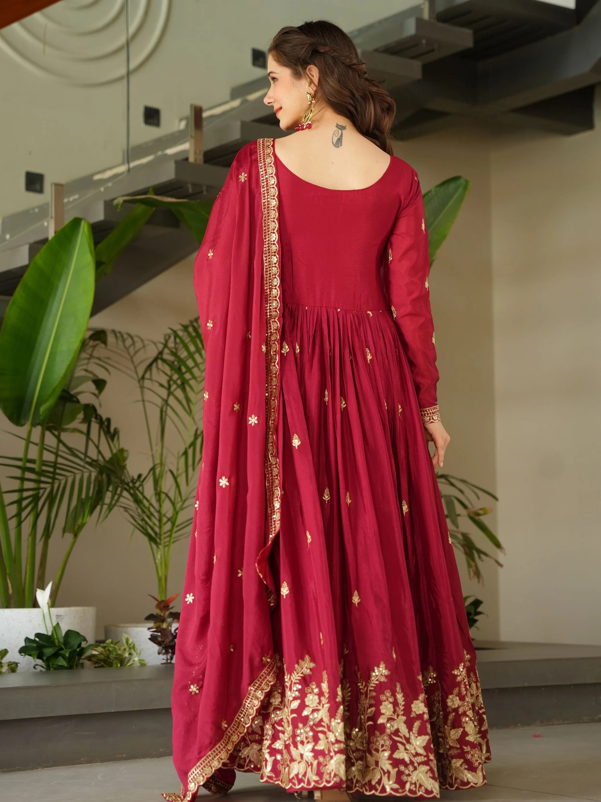 Red Chinon Zari Sequins Embroidered Gown with Dupatta