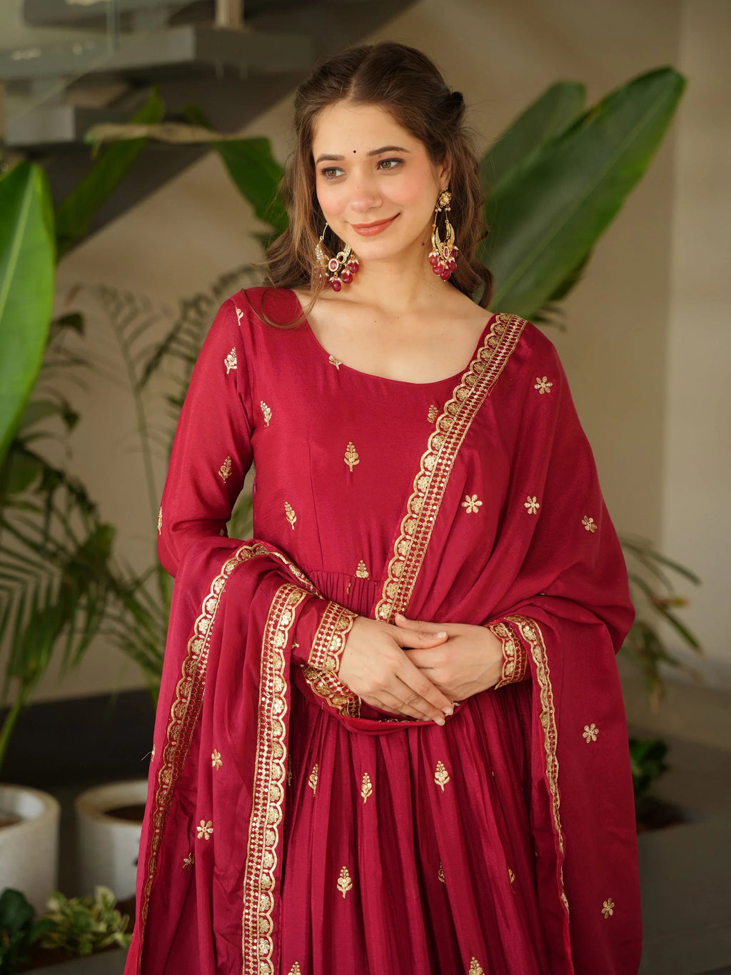 Red Chinon Zari Sequins Embroidered Gown with Dupatta