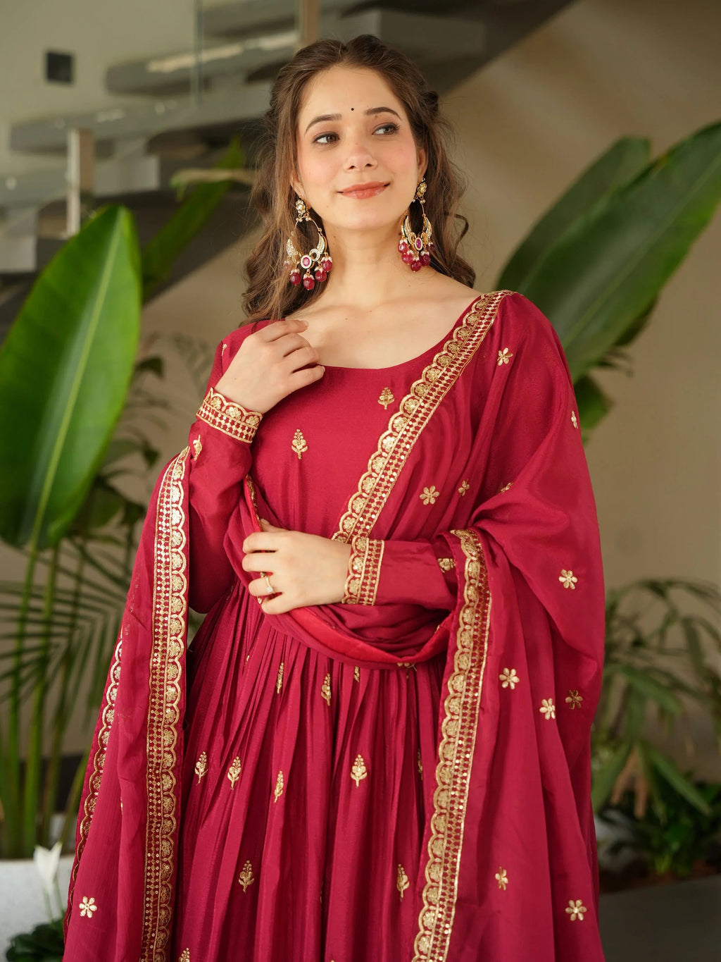 Red Chinon Zari Sequins Embroidered Gown with Dupatta