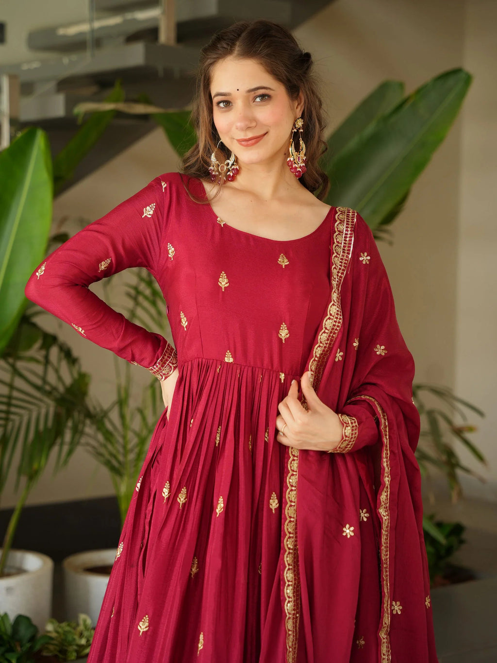 Red Chinon Zari Sequins Embroidered Gown with Dupatta