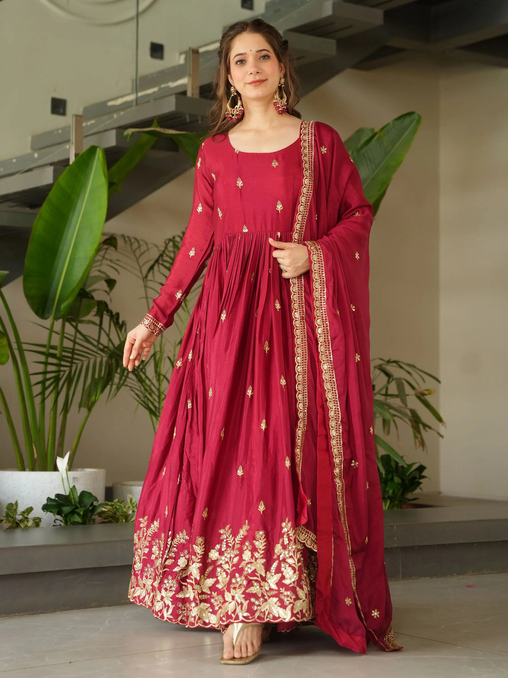 Red Chinon Zari Sequins Embroidered Gown with Dupatta