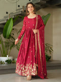 Red Chinon Zari Sequins Embroidered Gown with Dupatta