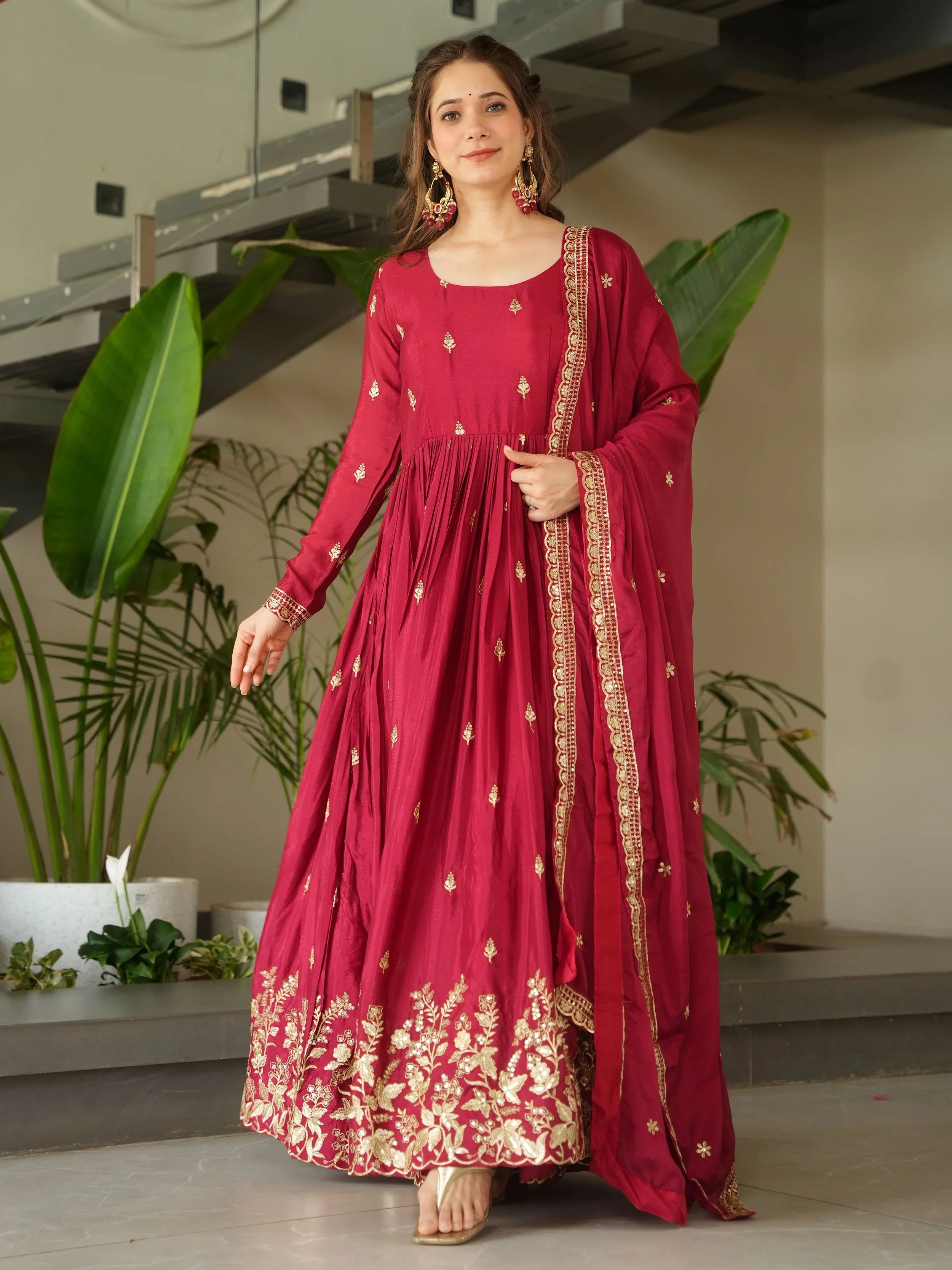 Red Chinon Zari Sequins Embroidered Gown with Dupatta
