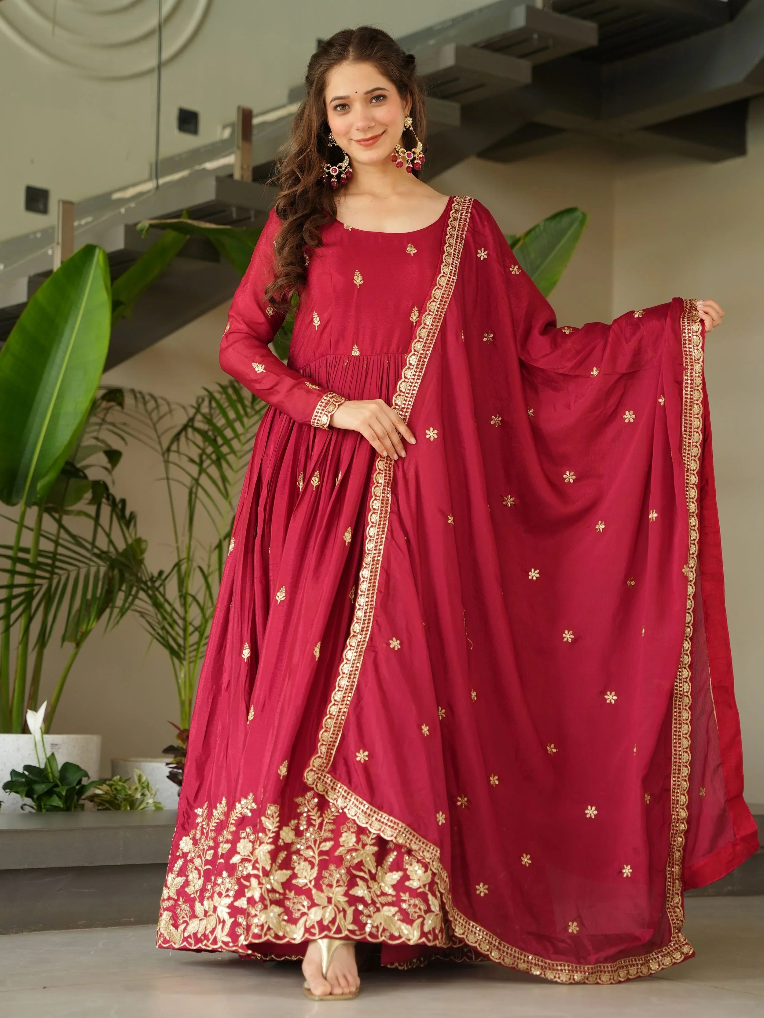Red Chinon Zari Sequins Embroidered Gown with Dupatta