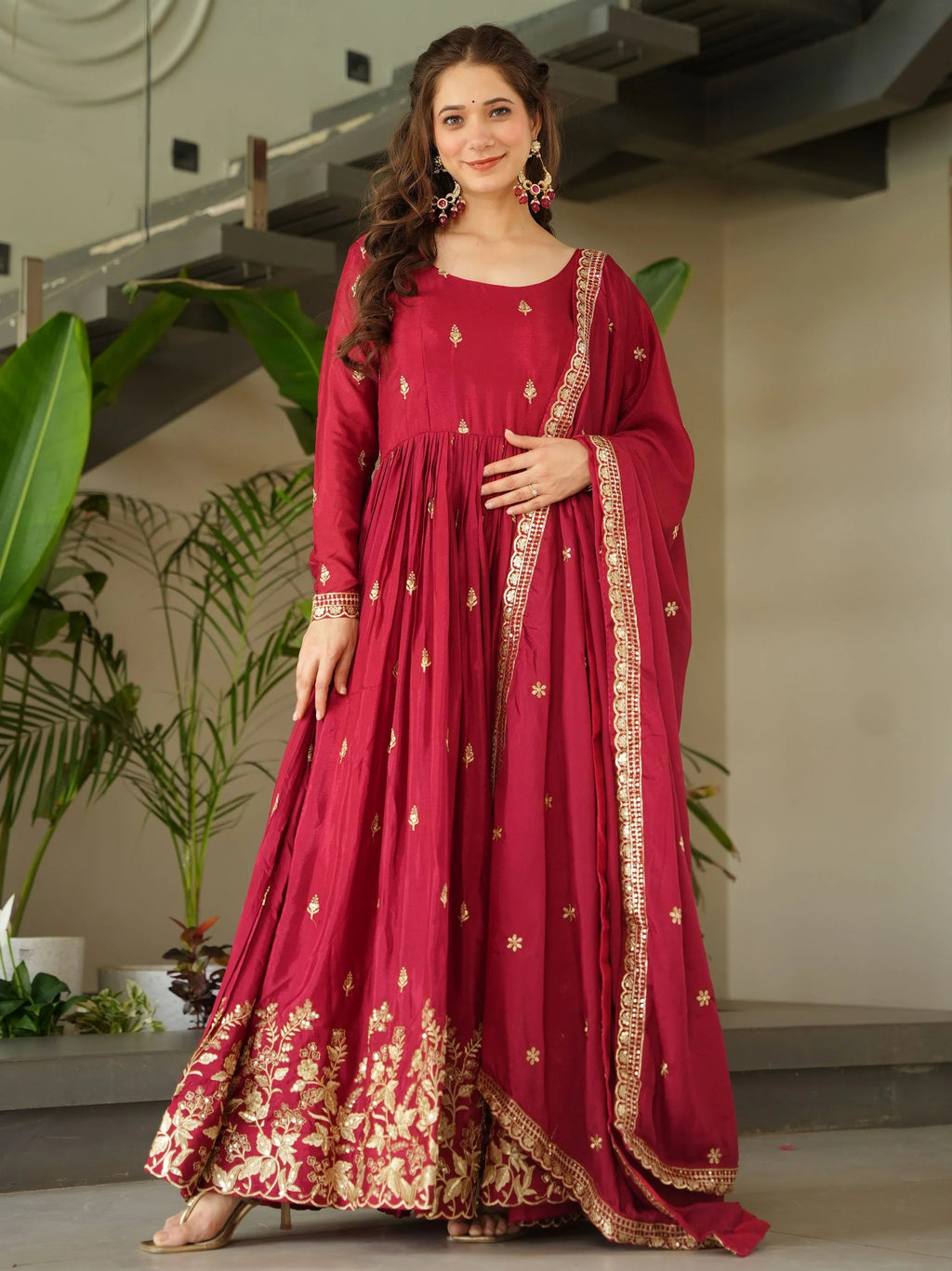 Red Chinon Zari Sequins Embroidered Gown with Dupatta