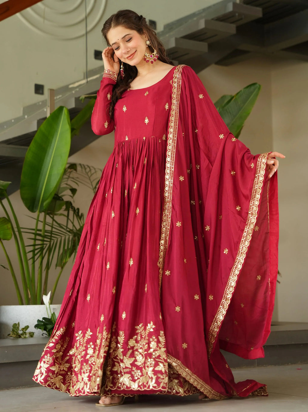 Red Chinon Zari Sequins Embroidered Gown with Dupatta