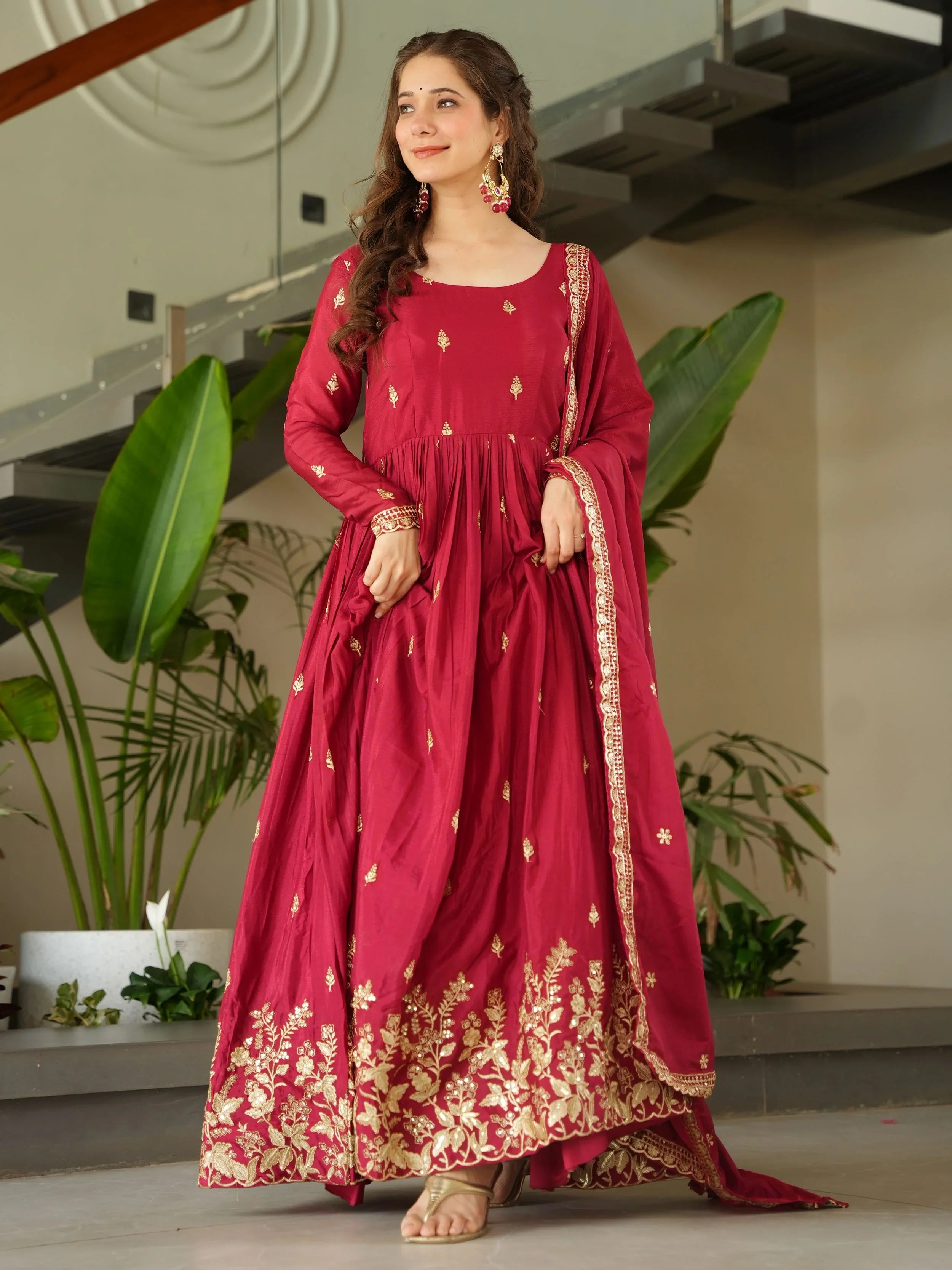 Red Chinon Zari Sequins Embroidered Gown with Dupatta