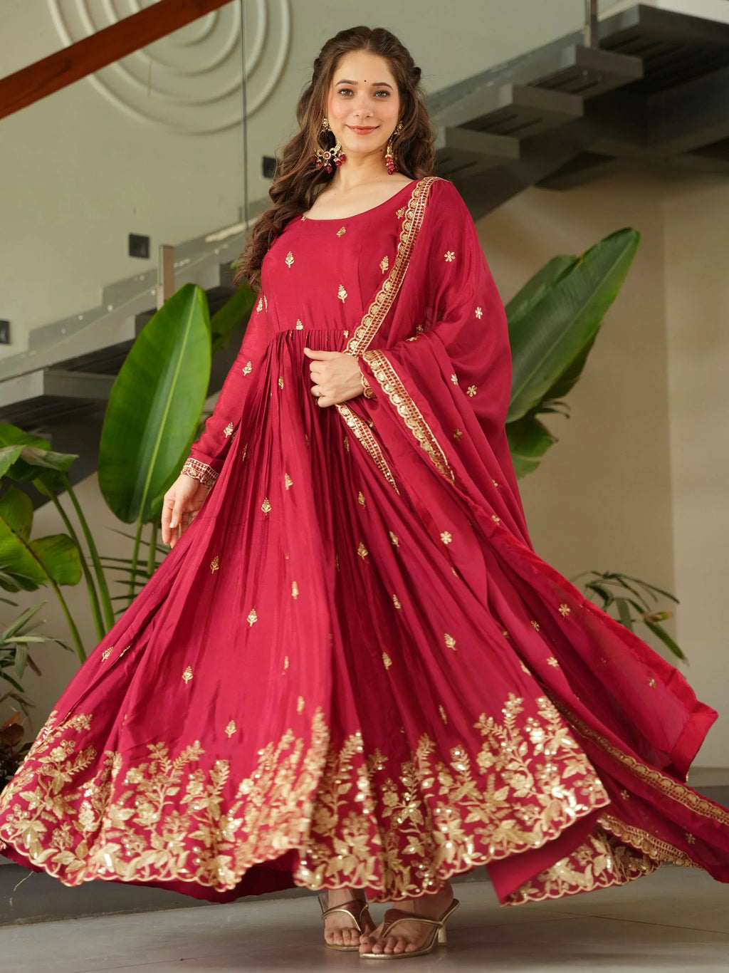 Red Chinon Zari Sequins Embroidered Gown with Dupatta