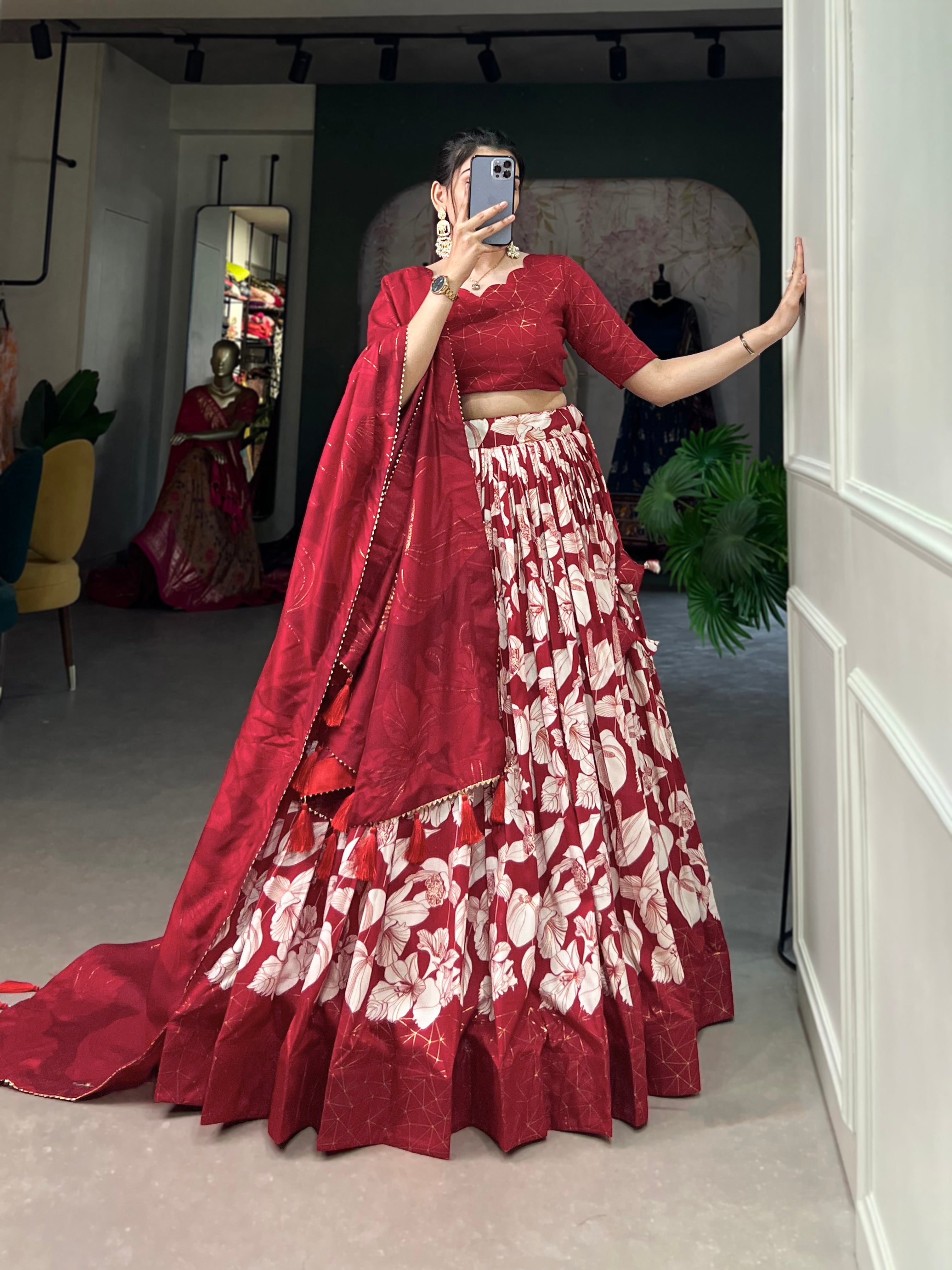Red Color Tasar Silk Floral Foil Print Lehenga Choli with Tassel Dupatta