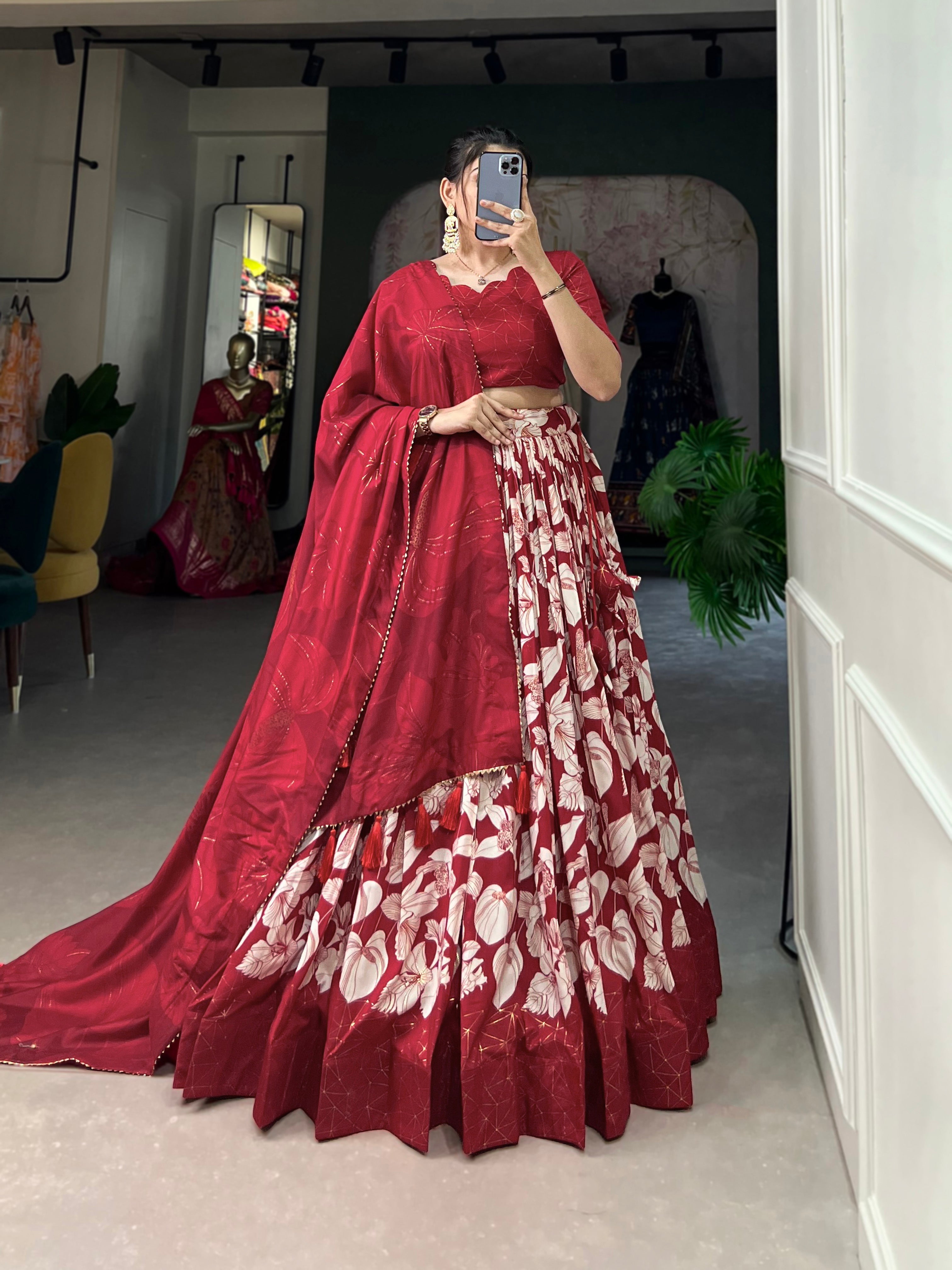 Red Color Tasar Silk Floral Foil Print Lehenga Choli with Tassel Dupatta