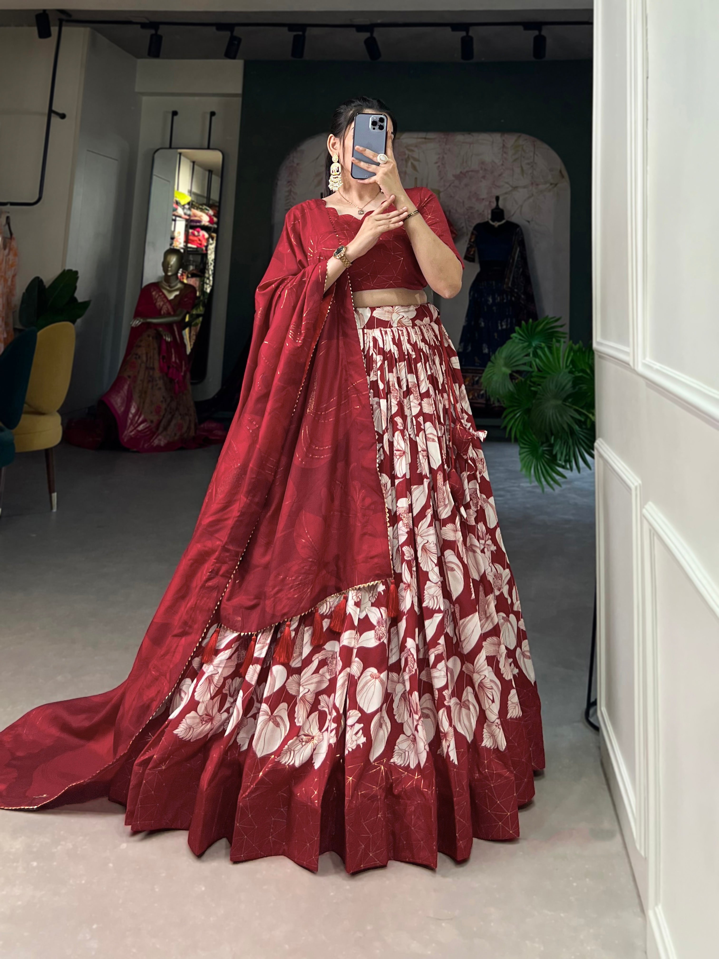 Red Color Tasar Silk Floral Foil Print Lehenga Choli with Tassel Dupatta