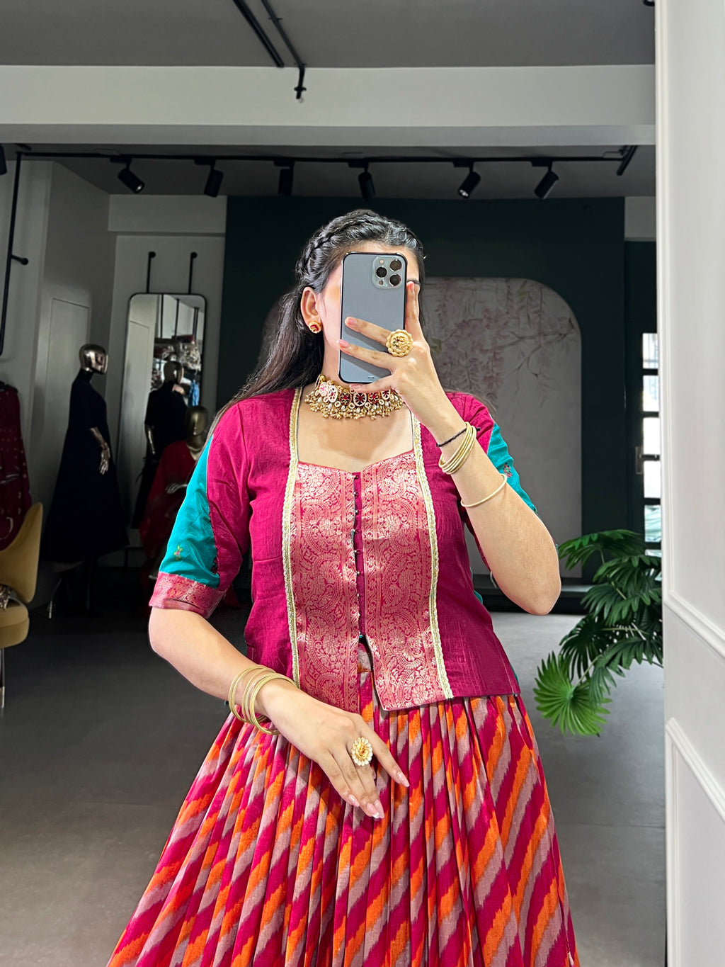 Red Color Tasar Silk Leheriya Print Zari Weaving Lehenga with Blouse