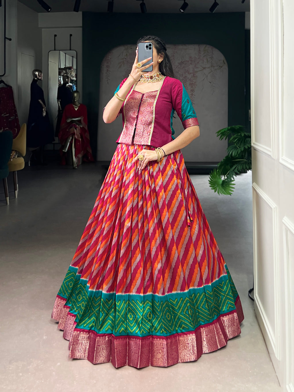 Red Color Tasar Silk Leheriya Print Zari Weaving Lehenga with Blouse