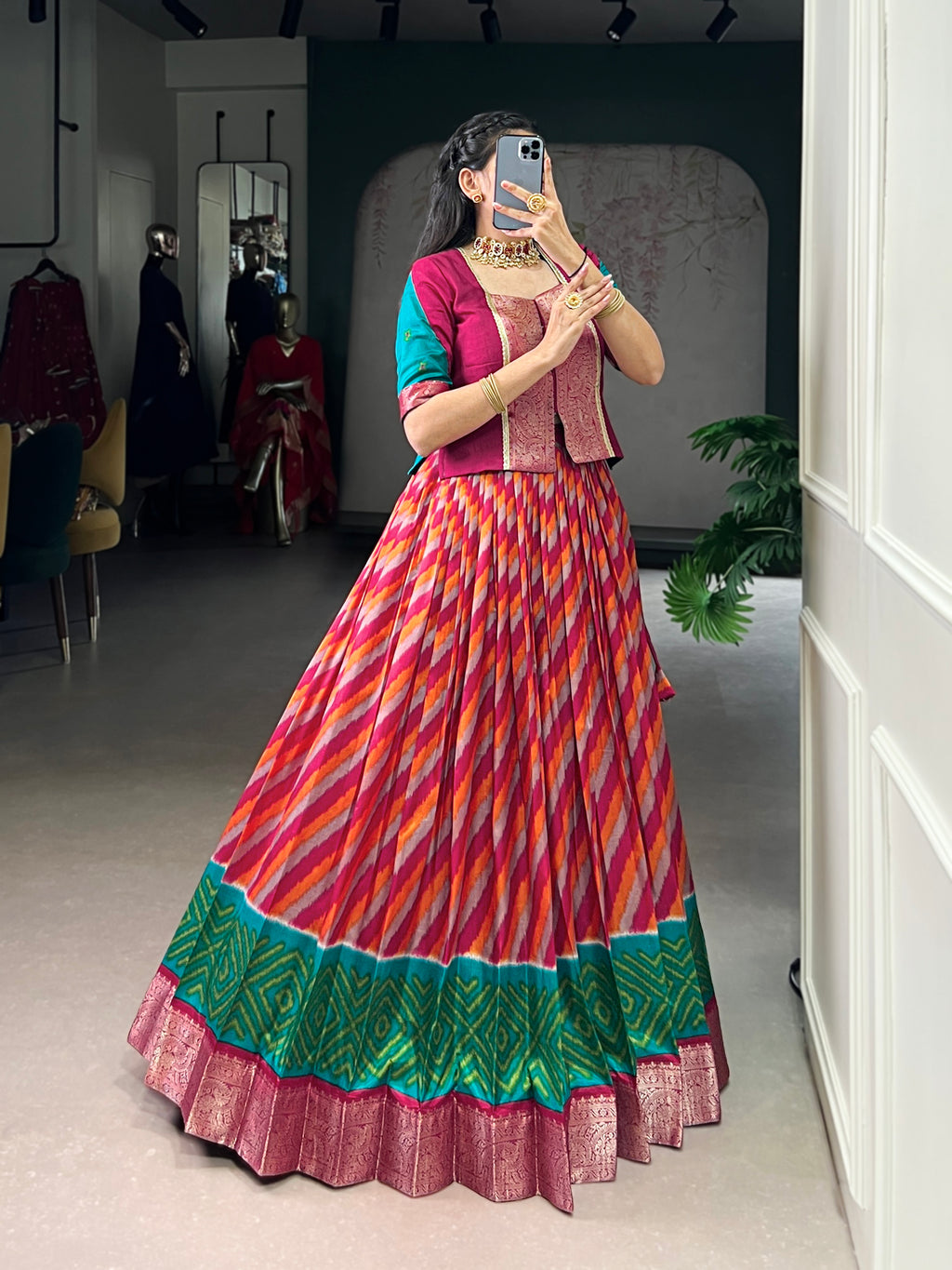 Red Color Tasar Silk Leheriya Print Zari Weaving Lehenga with Blouse