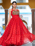 Red Georgette Bandhani Print Real Mirror Gamthi Work Gown