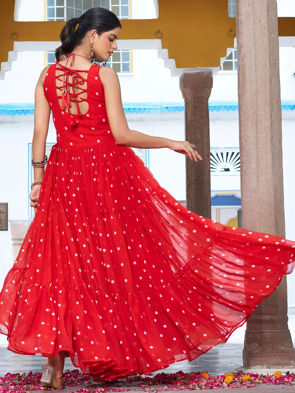 Red Georgette Bandhani Print Real Mirror Gamthi Work Gown