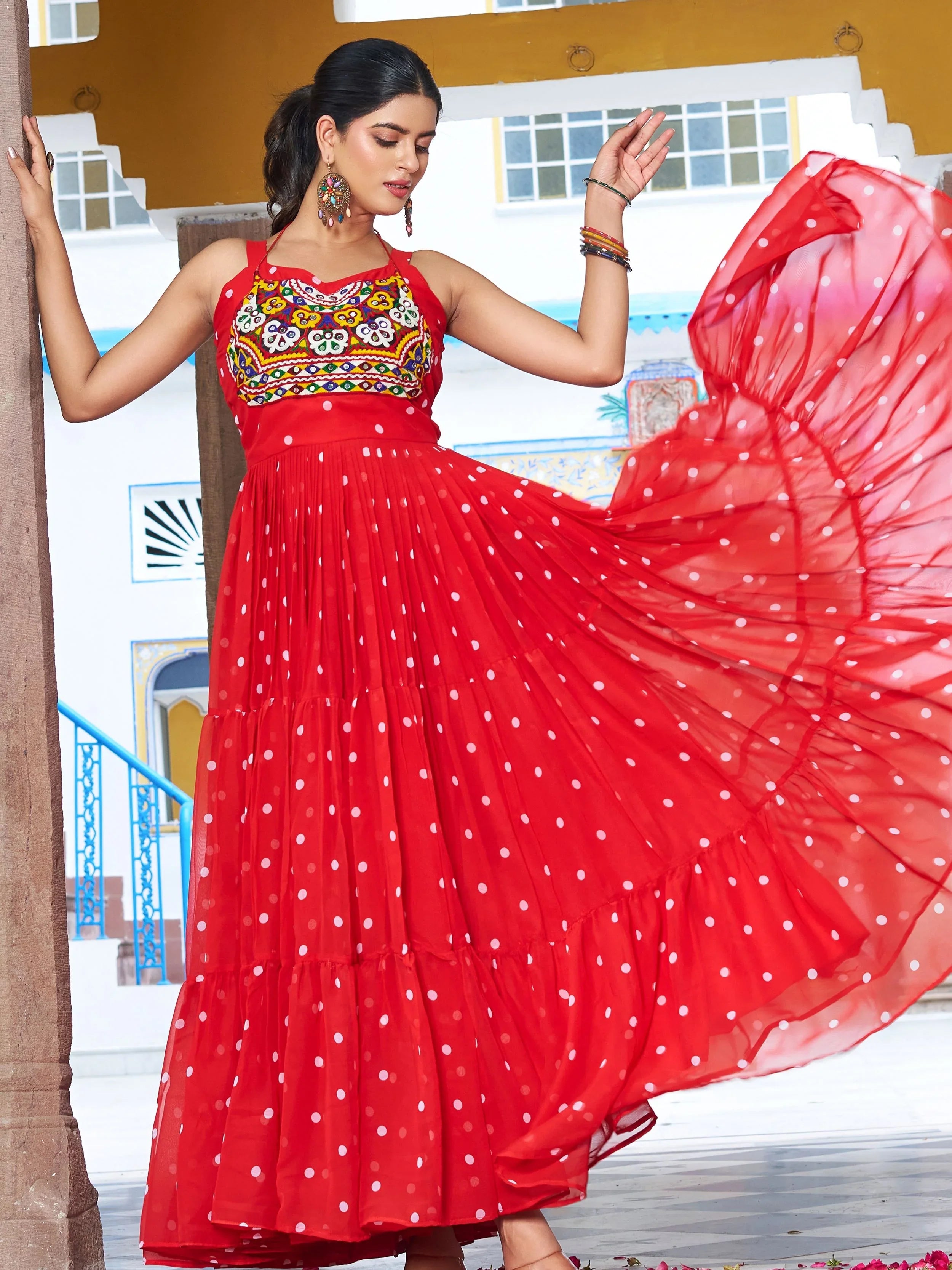 Red Georgette Bandhani Print Real Mirror Gamthi Work Gown