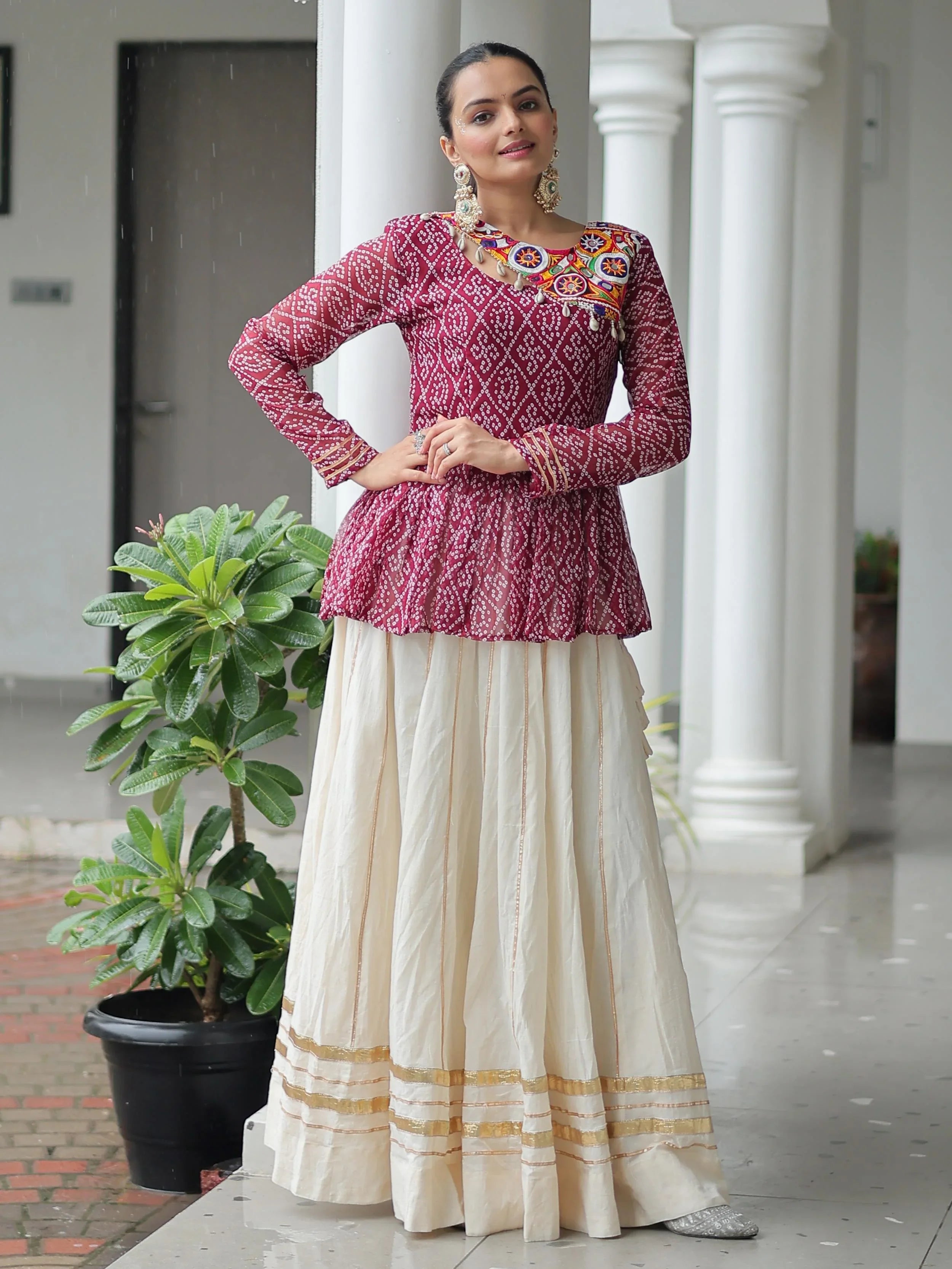 Red Kora Cotton Bandhani Print Top with Gota Patti Lehenga for Navratri