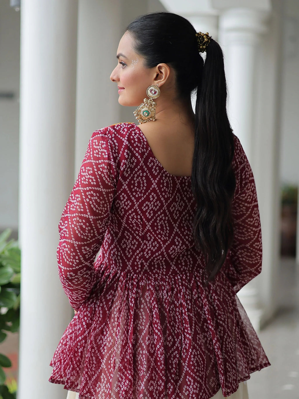 Red Kora Cotton Bandhani Print Top with Gota Patti Lehenga for Navratri