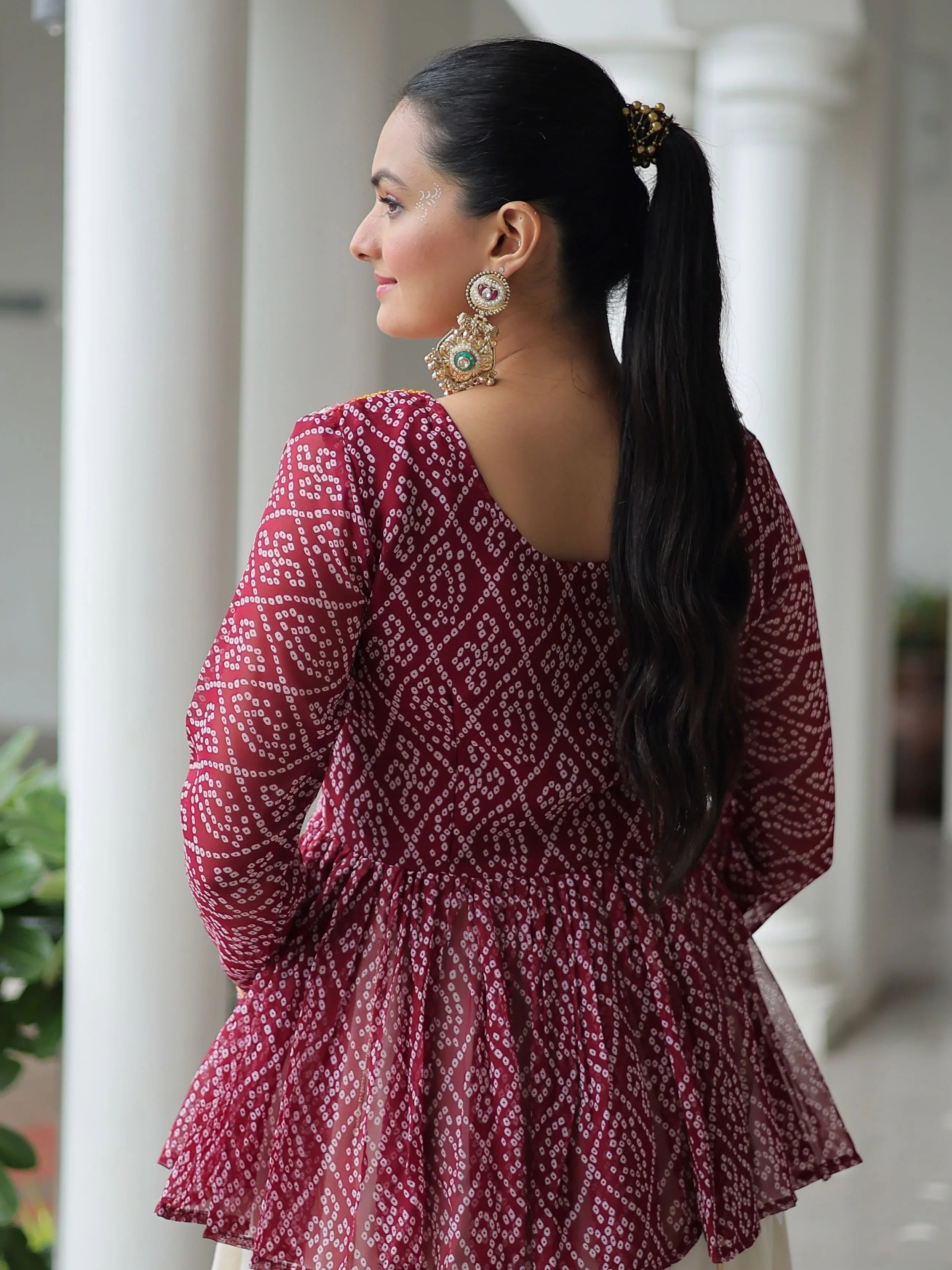 Red Kora Cotton Bandhani Print Top with Gota Patti Lehenga for Navratri