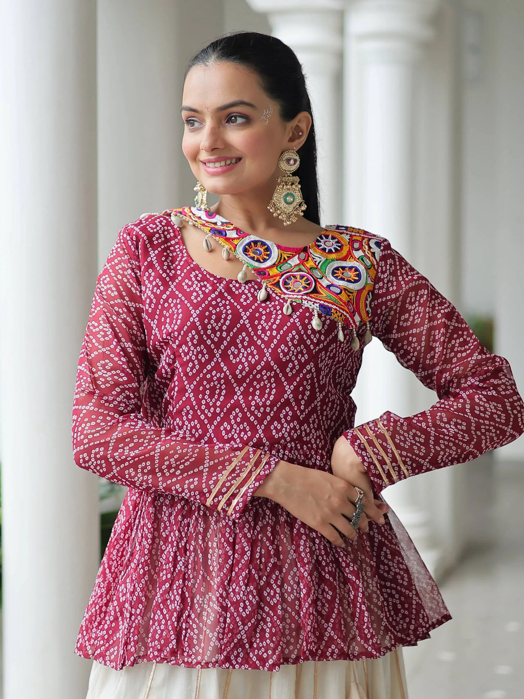 Red Kora Cotton Bandhani Print Top with Gota Patti Lehenga for Navratri