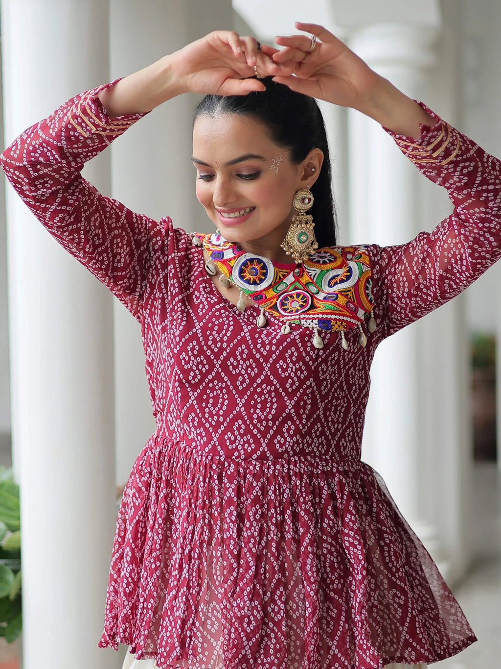 Red Kora Cotton Bandhani Print Top with Gota Patti Lehenga for Navratri