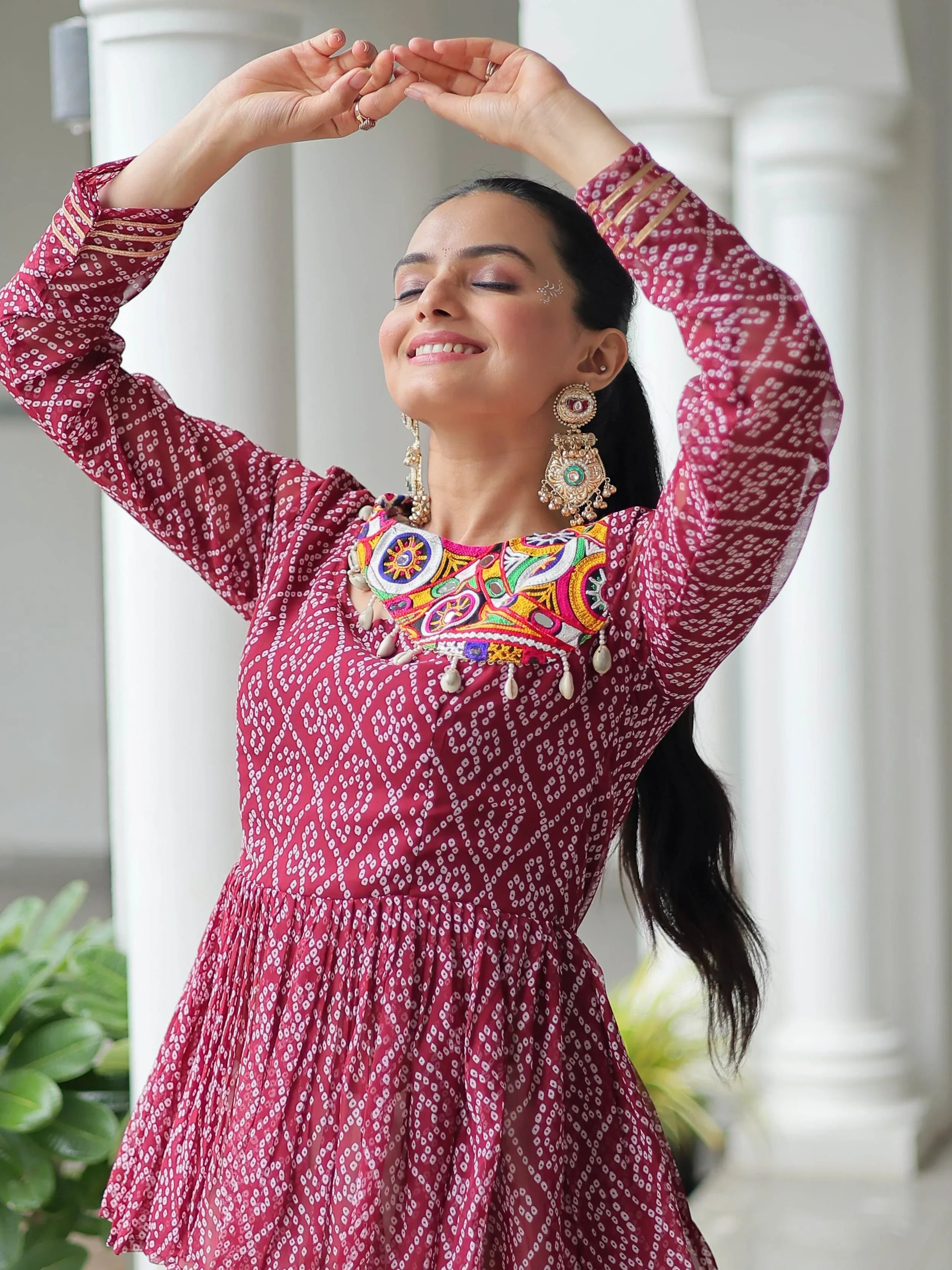 Red Kora Cotton Bandhani Print Top with Gota Patti Lehenga for Navratri
