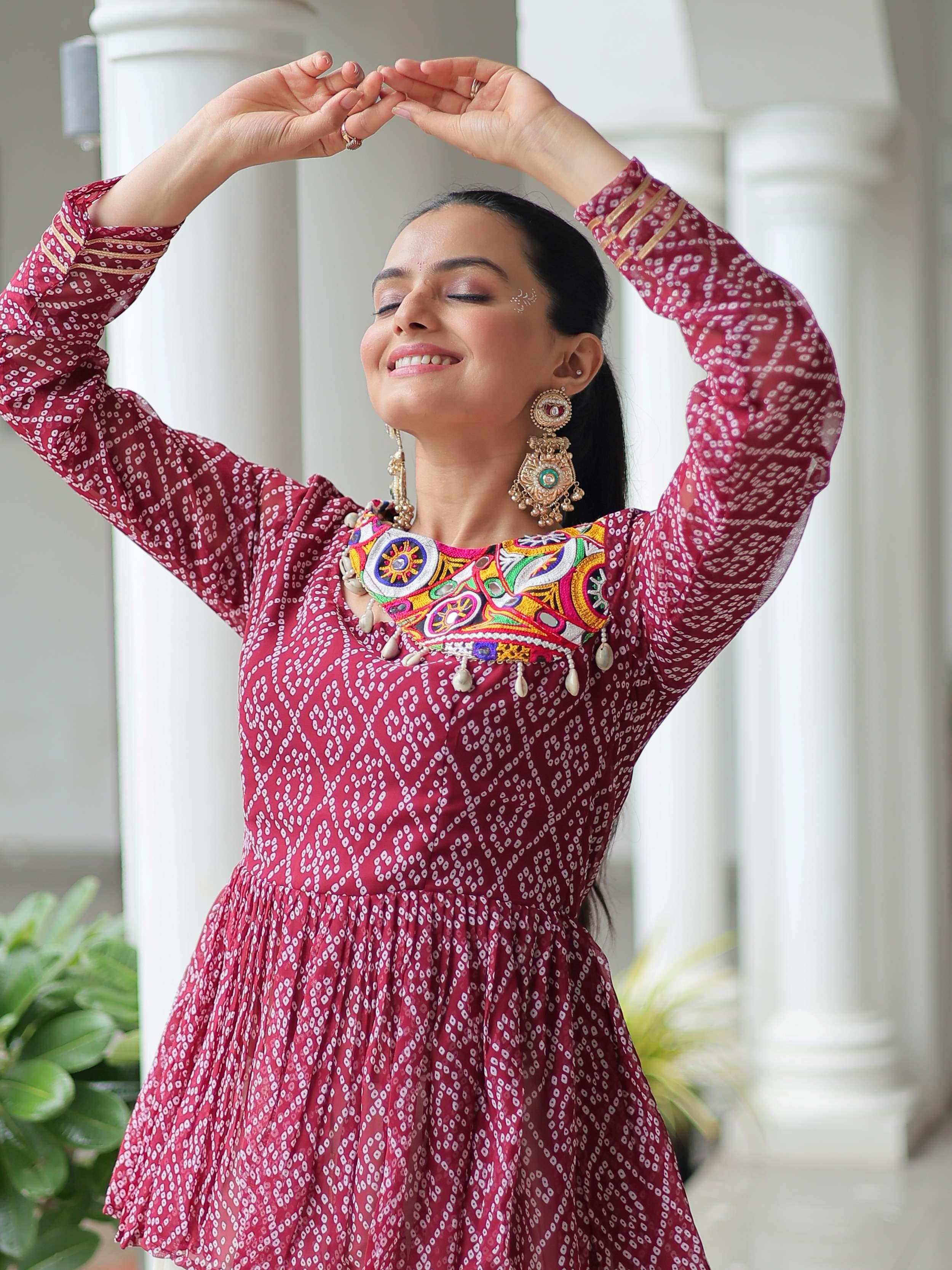 Red Kora Cotton Bandhani Print Top with Gota Patti Lehenga for Navratri